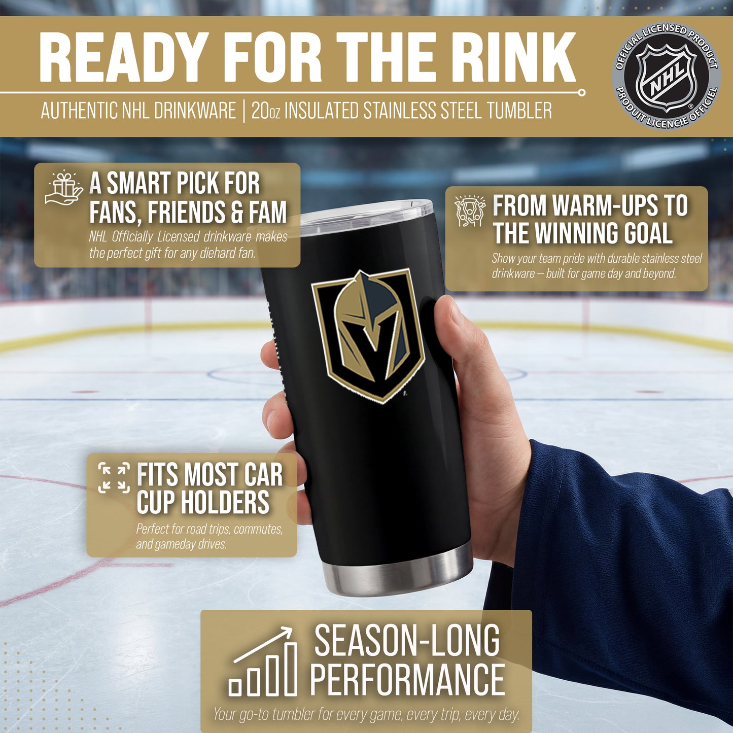 Las Vegas Golden Knights NHL Hockey 20oz Stainless Steel Vacuum Insulated Game Day Tumbler with Silicone Grip - Black