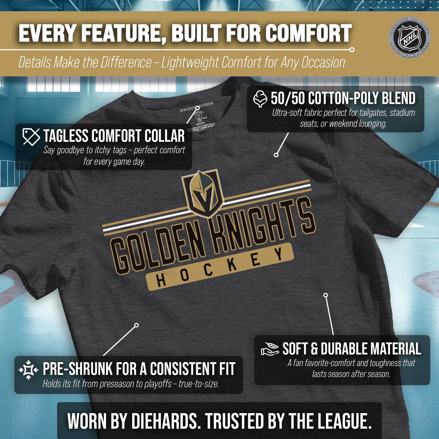 Las Vegas Golden Knights Adult NHL Heather Charcoal True Fan Hockey T-Shirt - Charcoal