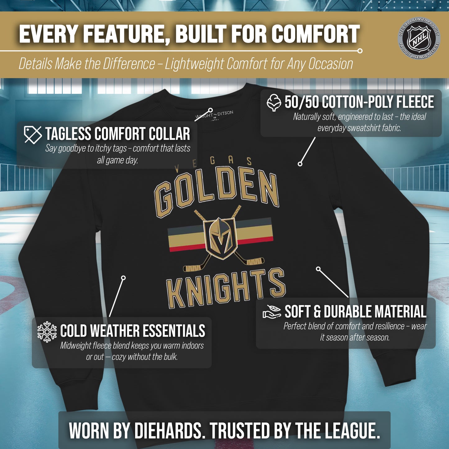 Las Vegas Golden Knights Adult NHL Faceoff Hockey Fleece Crewneck Sweatshirt - Black
