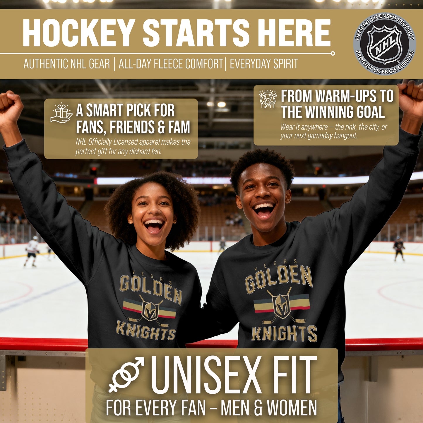 Las Vegas Golden Knights Adult NHL Faceoff Hockey Fleece Crewneck Sweatshirt - Black