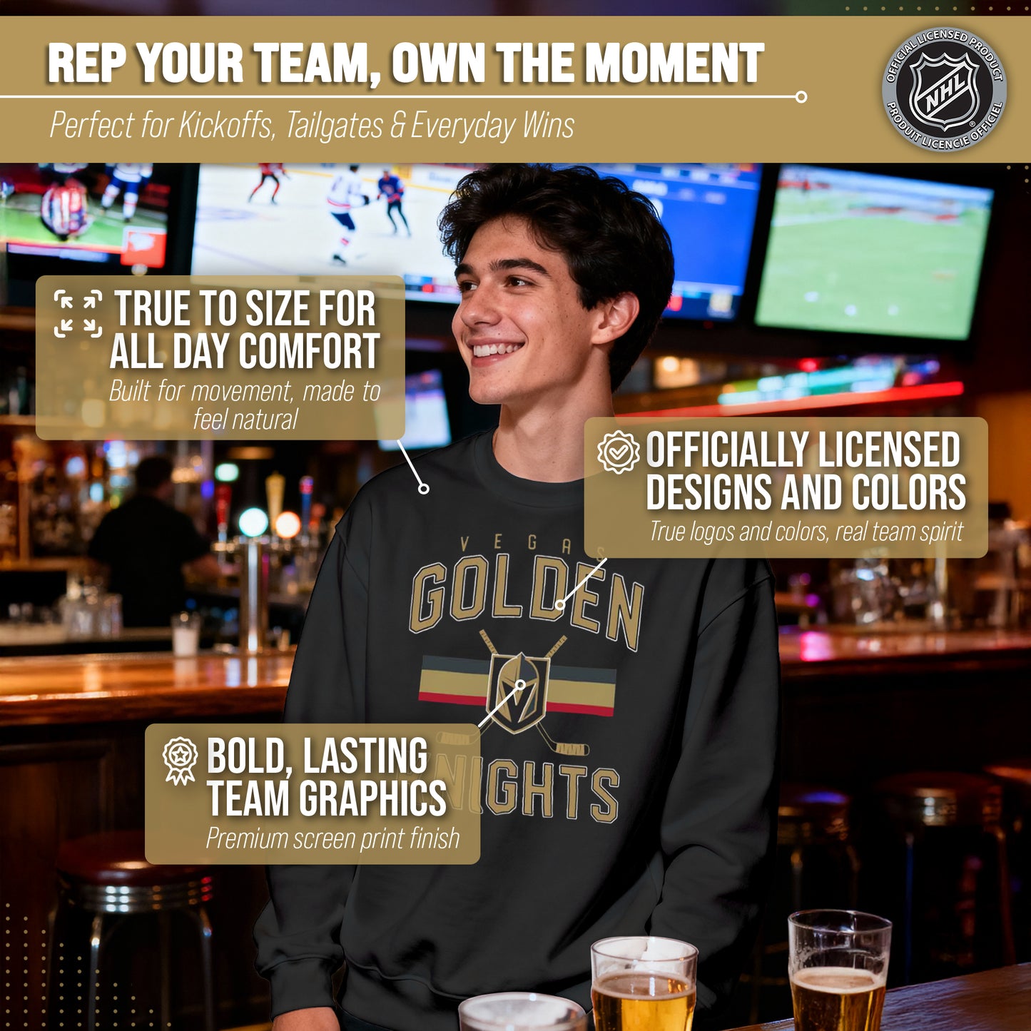Las Vegas Golden Knights Adult NHL Faceoff Hockey Fleece Crewneck Sweatshirt - Black