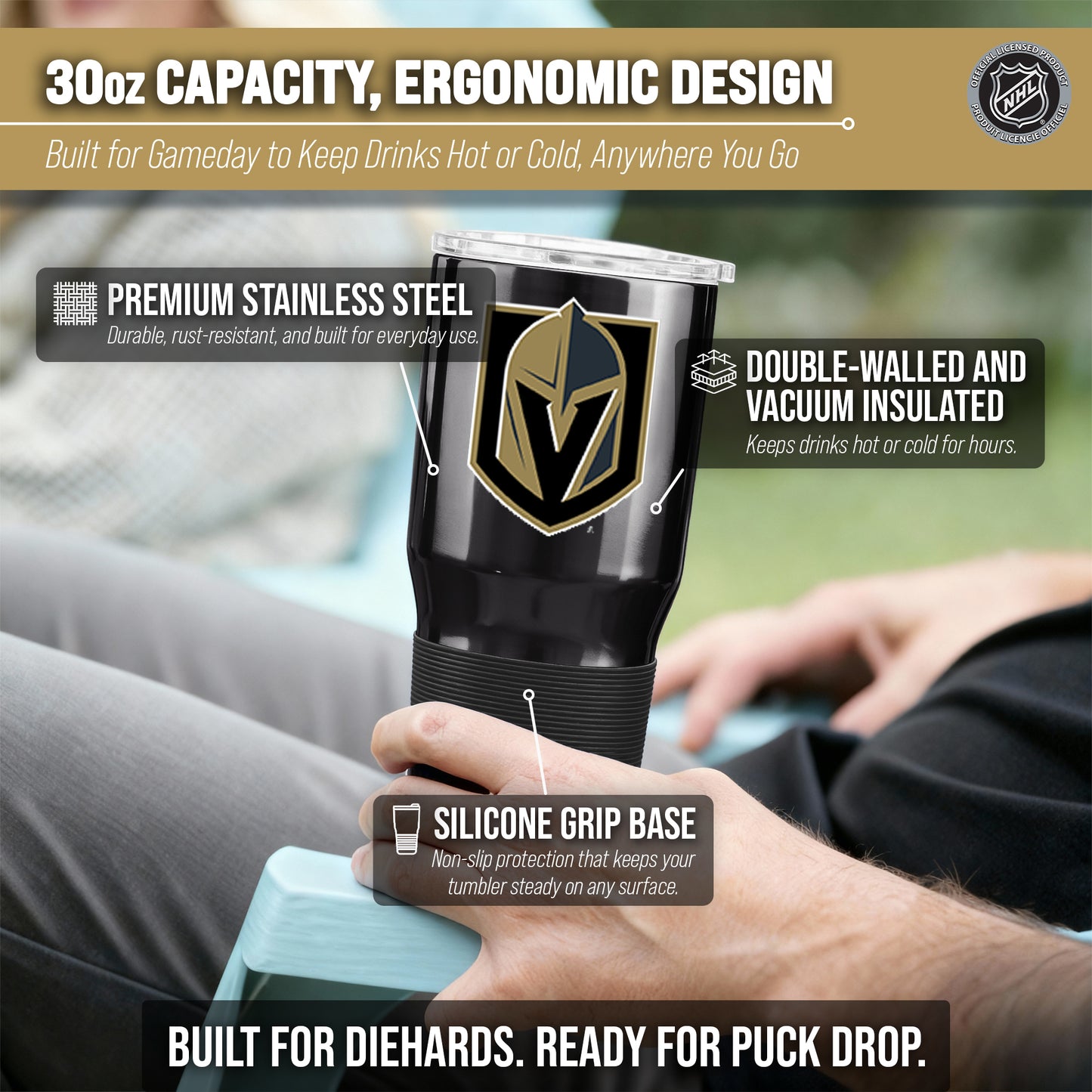 Las Vegas Golden Knights NHL Hockey 30oz Stainless Steel Vacuum Insulated Game Day Tumbler with Silicone Grip - Black