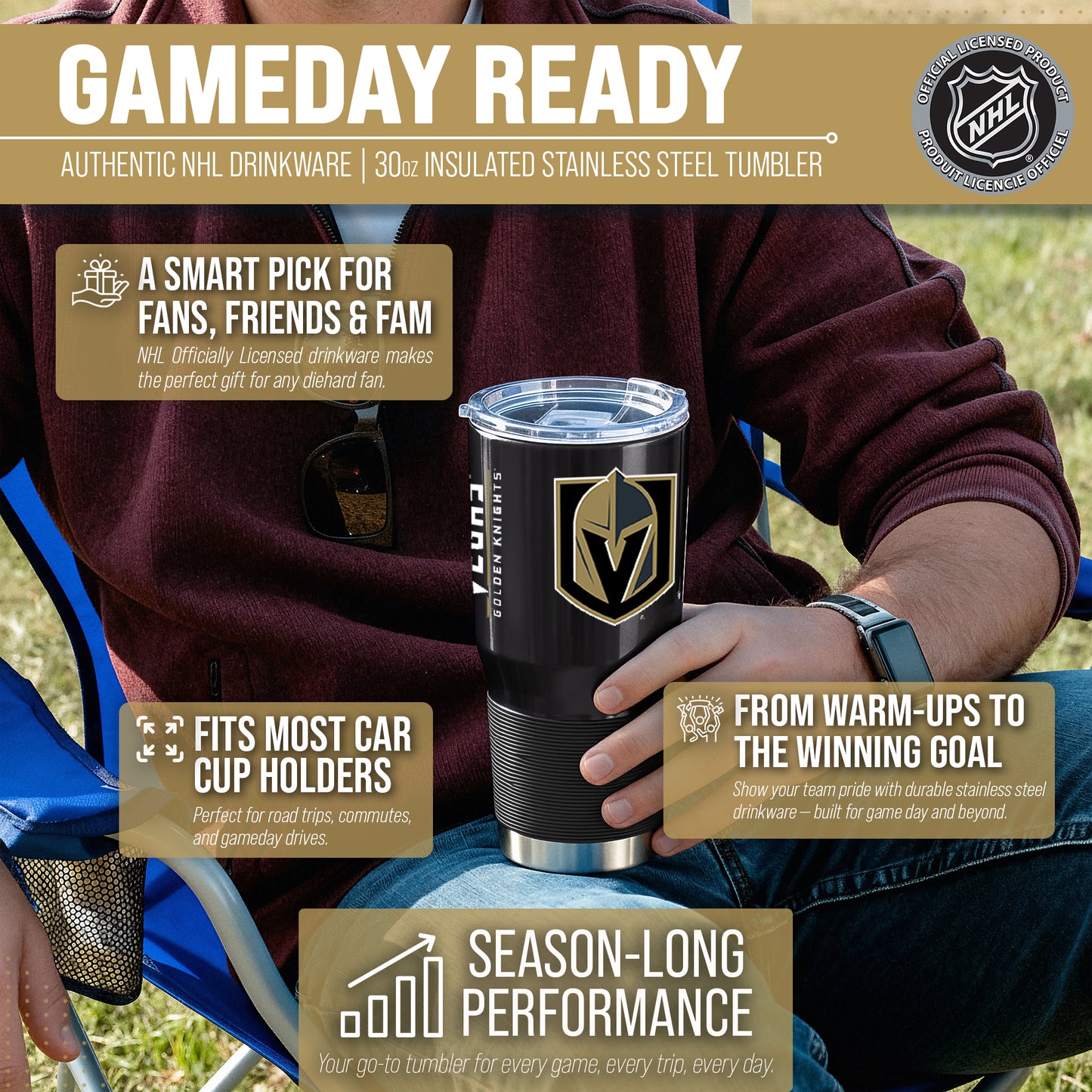 Las Vegas Golden Knights NHL Hockey 30oz Stainless Steel Vacuum Insulated Game Day Tumbler with Silicone Grip - Black