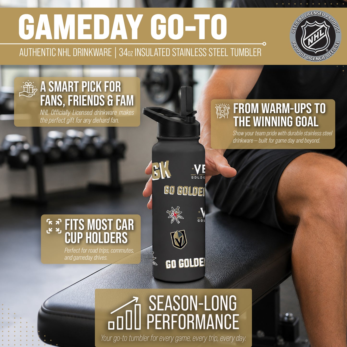 Las Vegas Golden Knights NHL Hockey 34oz Stainless Steel Vacuum Insulated Game Day Water Bottle with Flip Straw Lid and Handle - Black