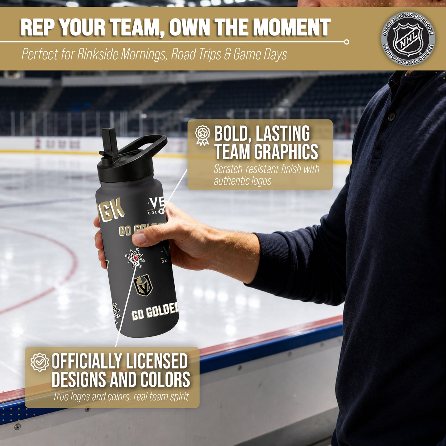 Las Vegas Golden Knights NHL Hockey 34oz Stainless Steel Vacuum Insulated Game Day Water Bottle with Flip Straw Lid and Handle - Black