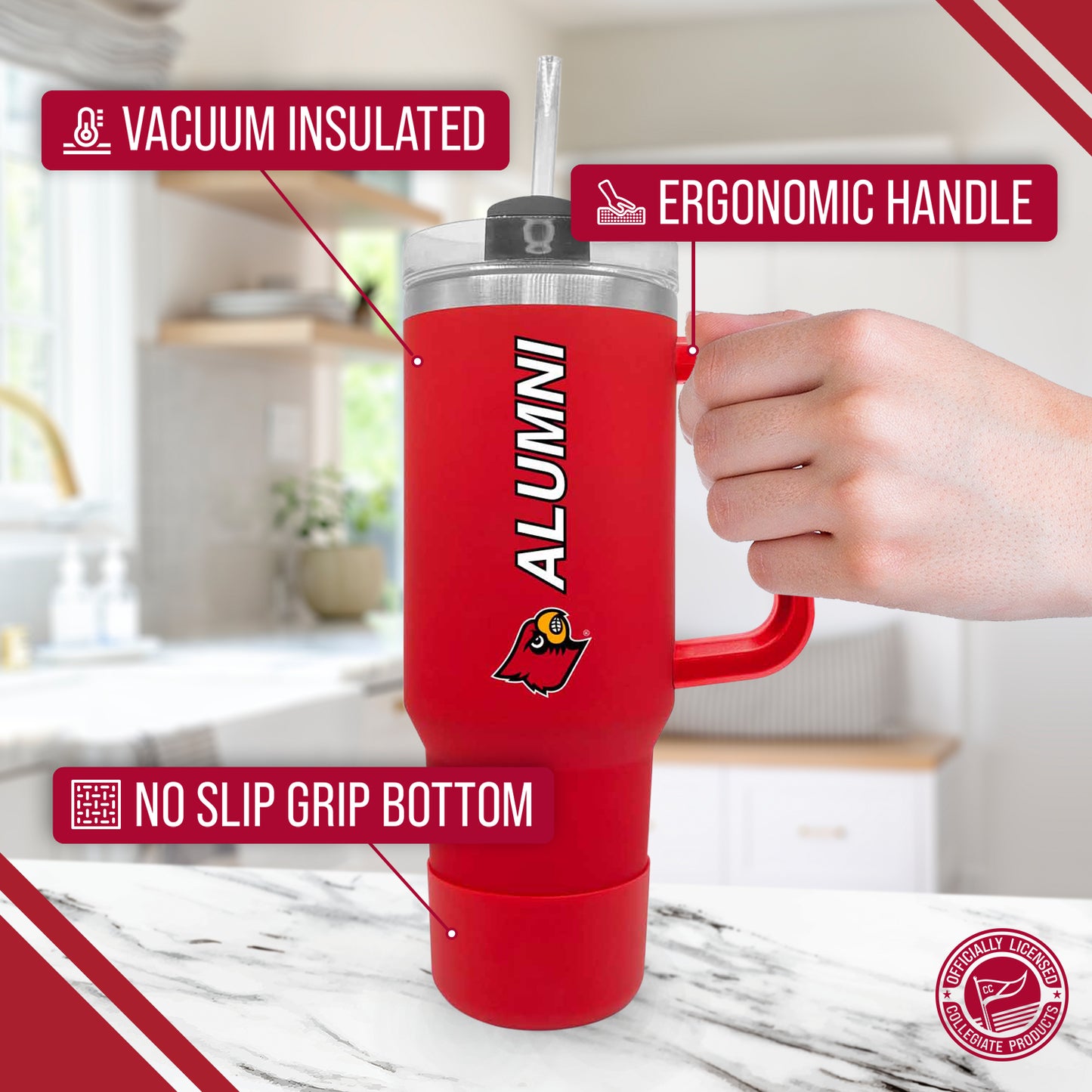Louisville Cardinals Collegiate 40oz Stainless Steel Travel Tumbler with Handle for Alumni - Red
