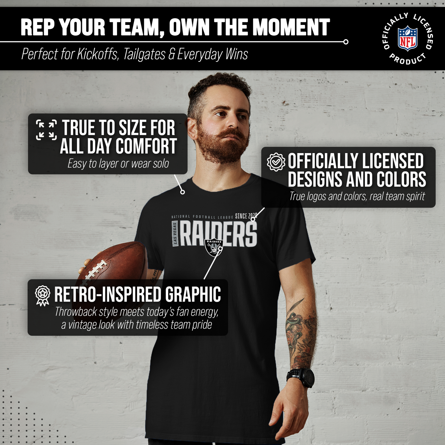 Las Vegas Raiders NFL Adult Modern Endzone Tag-Less T-Shirt - Black