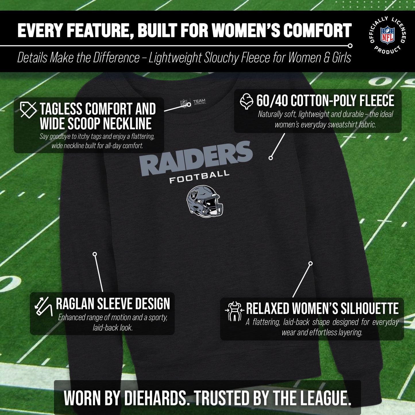 Las Vegas Raiders NFL Womens Helmet French Terry Slouchy Top - Charcoal