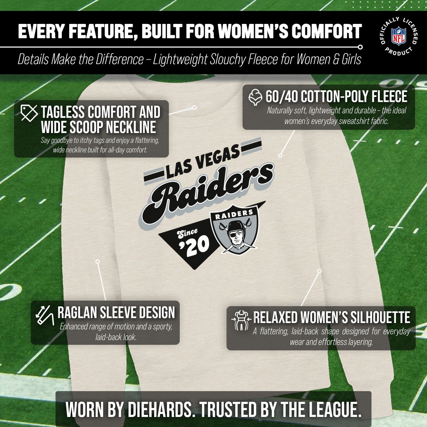 Las Vegas Raiders NFL Womens Vintage Charm French Terry Slouchy Top - Birch