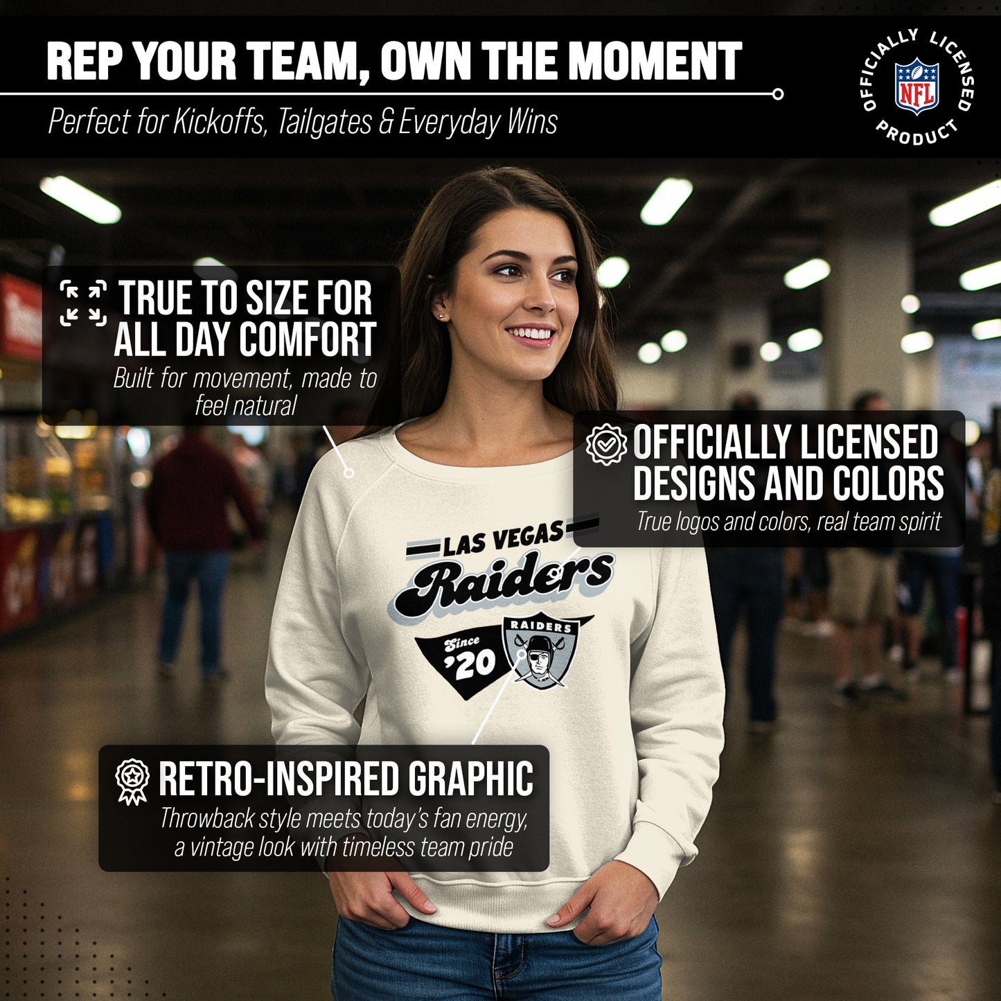 Las Vegas Raiders NFL Womens Vintage Charm French Terry Slouchy Top - Birch