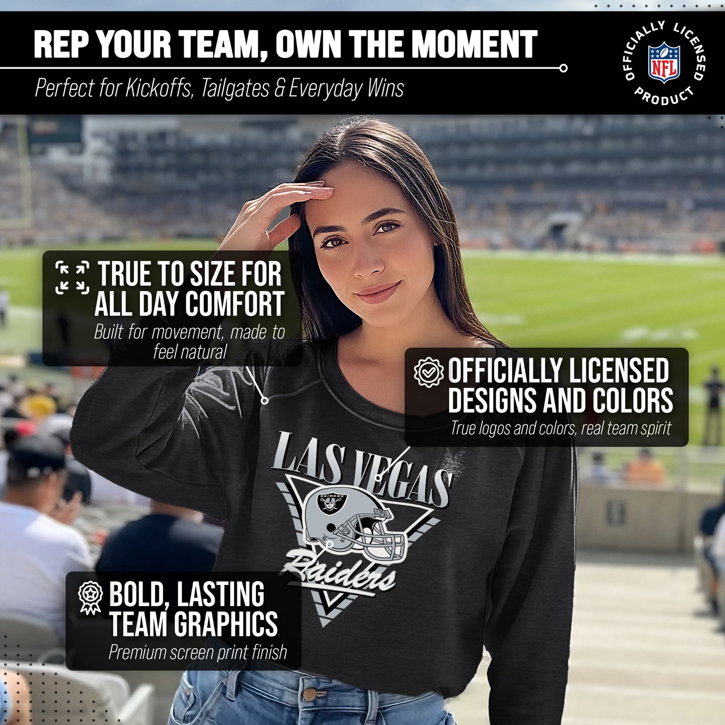 Las Vegas Raiders NFL Womens Retro Triangle French Terry Slouchy Top- Raglan Sleeves - Heather Charcoal
