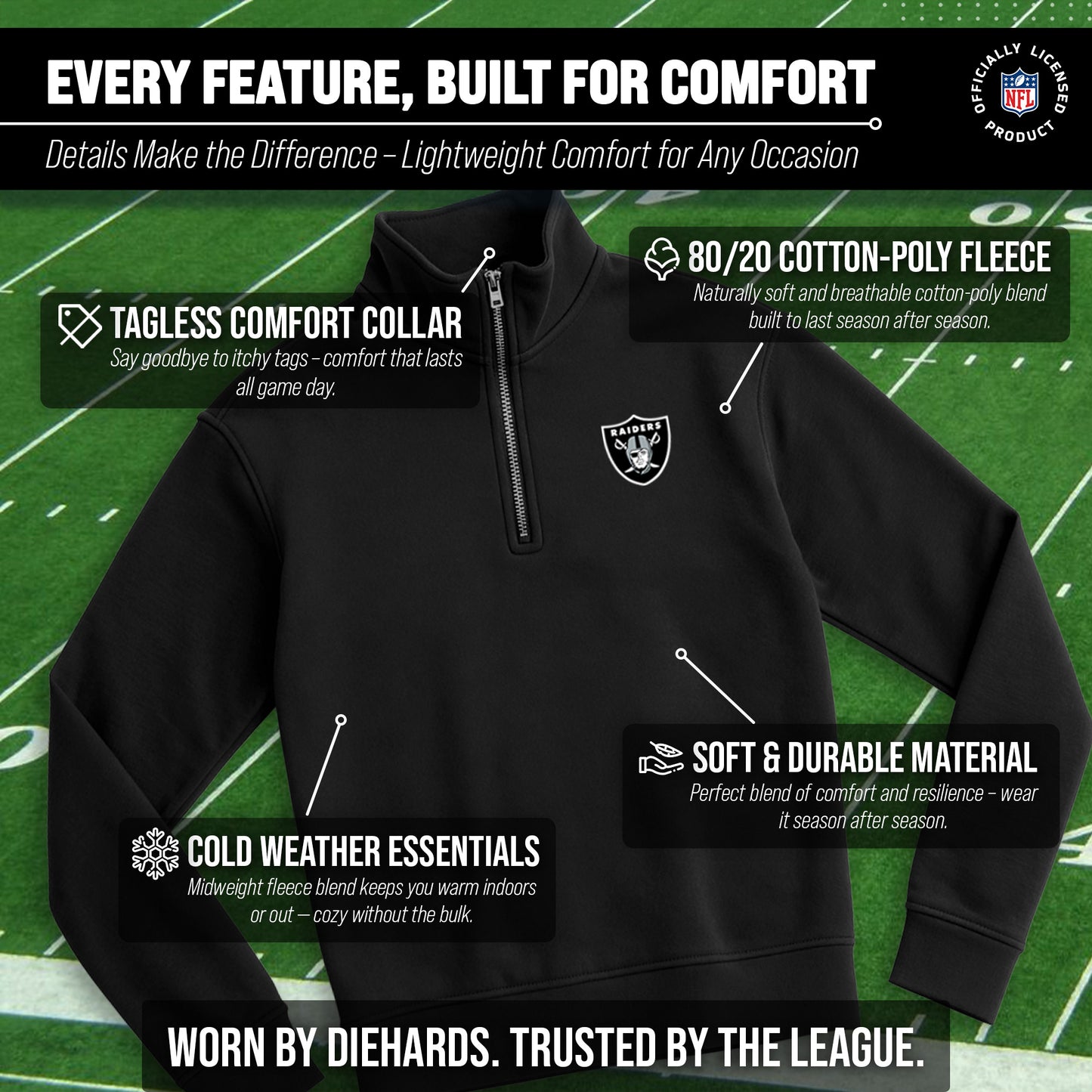 Las Vegas Raiders NFL Adult Unisex Team Logo Quarter Zip Pullover Sweatshirt - Black