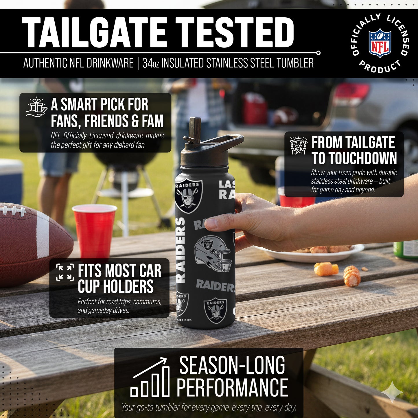 Las Vegas Raiders NFL 34oz Quencher Stainless Steel Insulated Water Bottle - Black