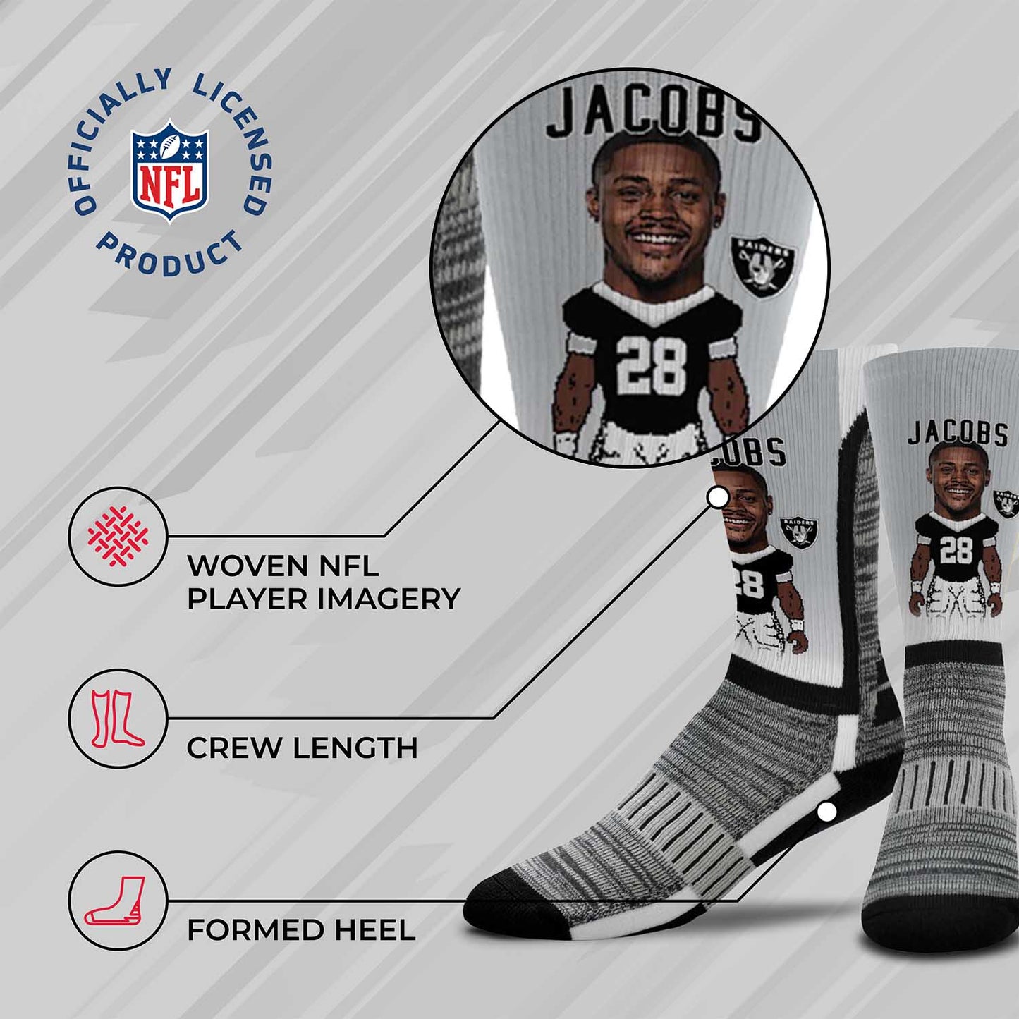 Las Vegas Raiders FBF NFL Adult V Curve MVP Player Crew Socks - Sport Gray