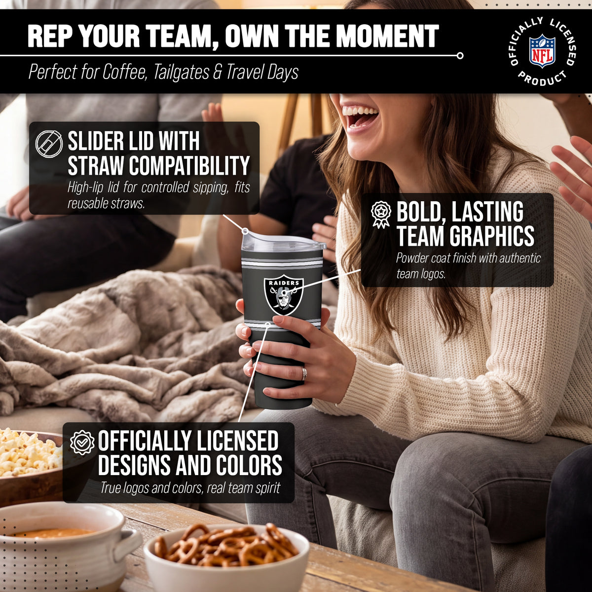Las Vegas Raiders  30 oz Stripe Powder Coat Tumbler | NFL Stainless - Black