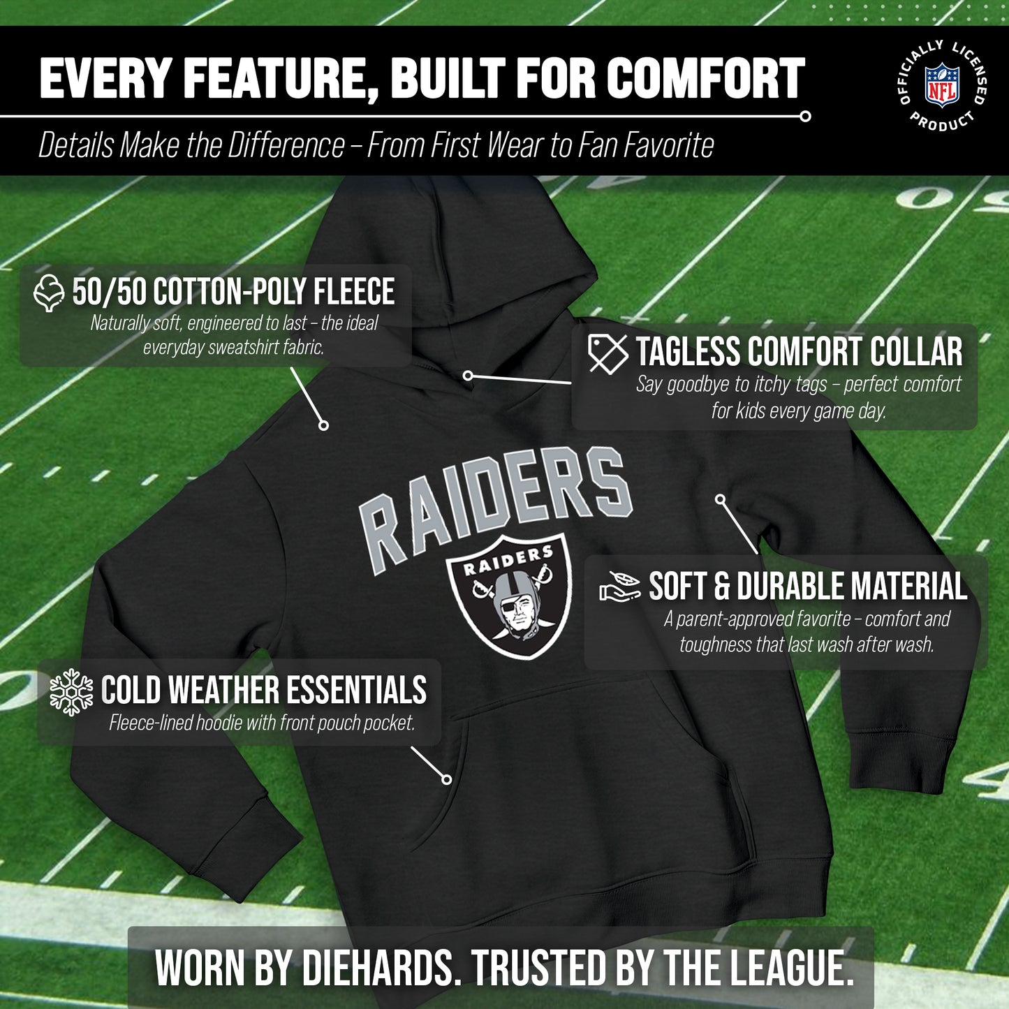 Las Vegas Raiders NFL Youth Home Team Hoodie- Kids Hooded Sweatshirt - Black