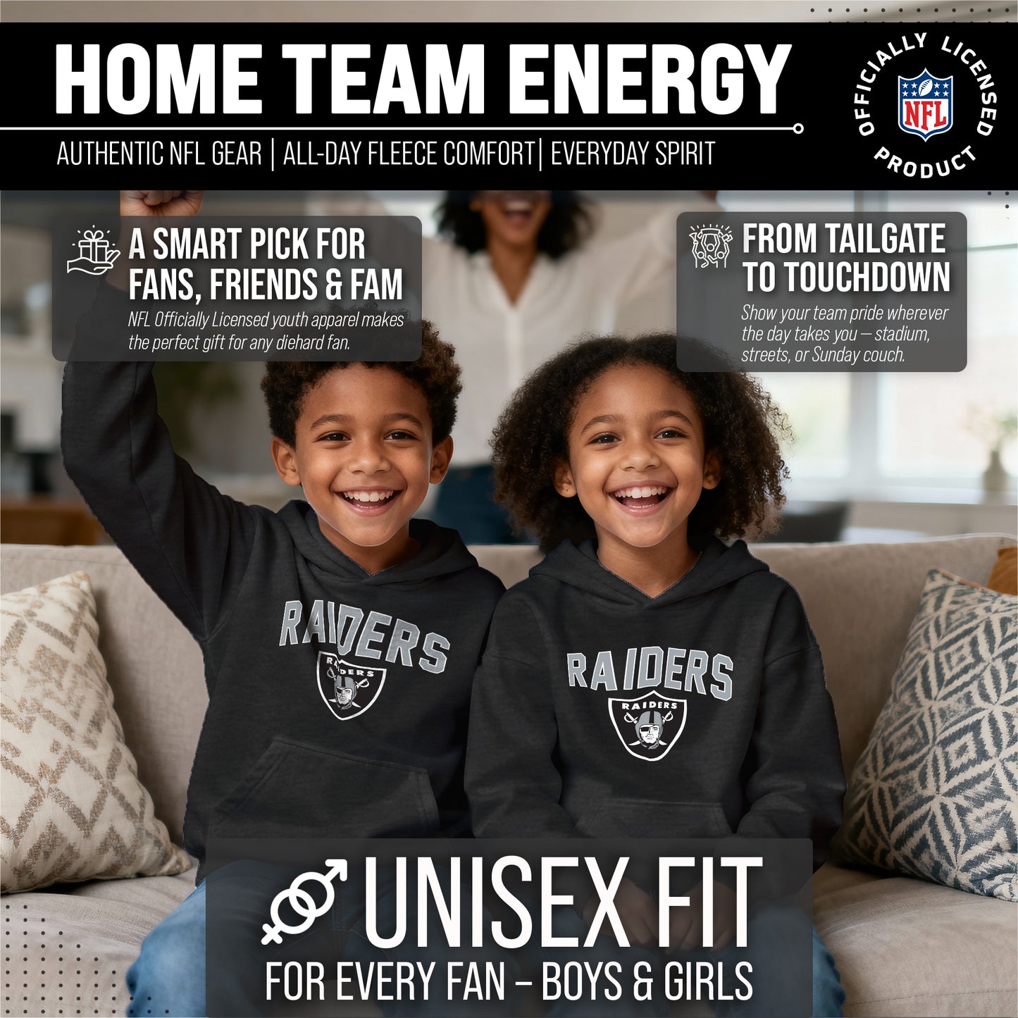 Las Vegas Raiders NFL Youth Home Team Hoodie- Kids Hooded Sweatshirt - Black