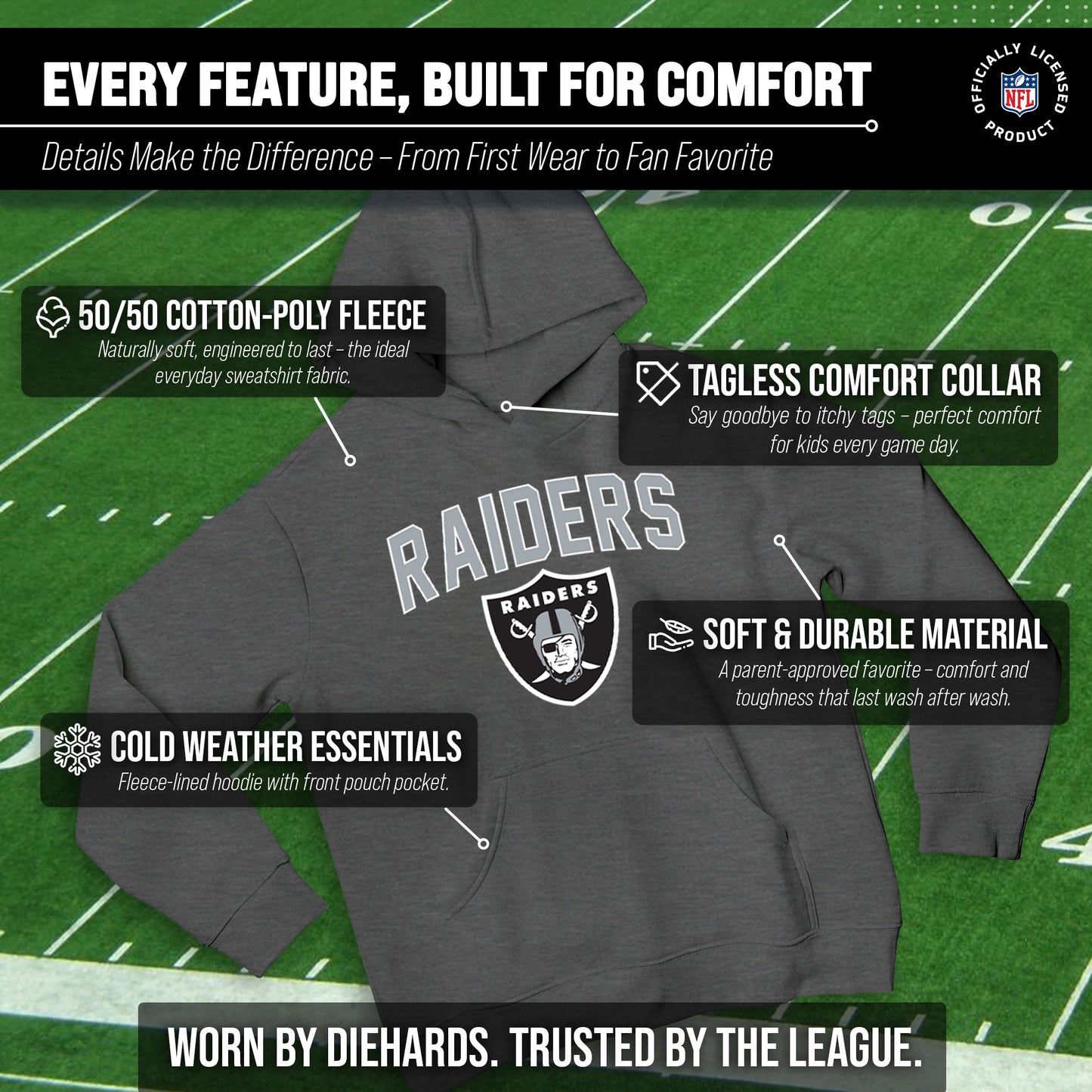 Las Vegas Raiders NFL Youth Home Team Hoodie- Kids Hooded Sweatshirt - Sport Gray