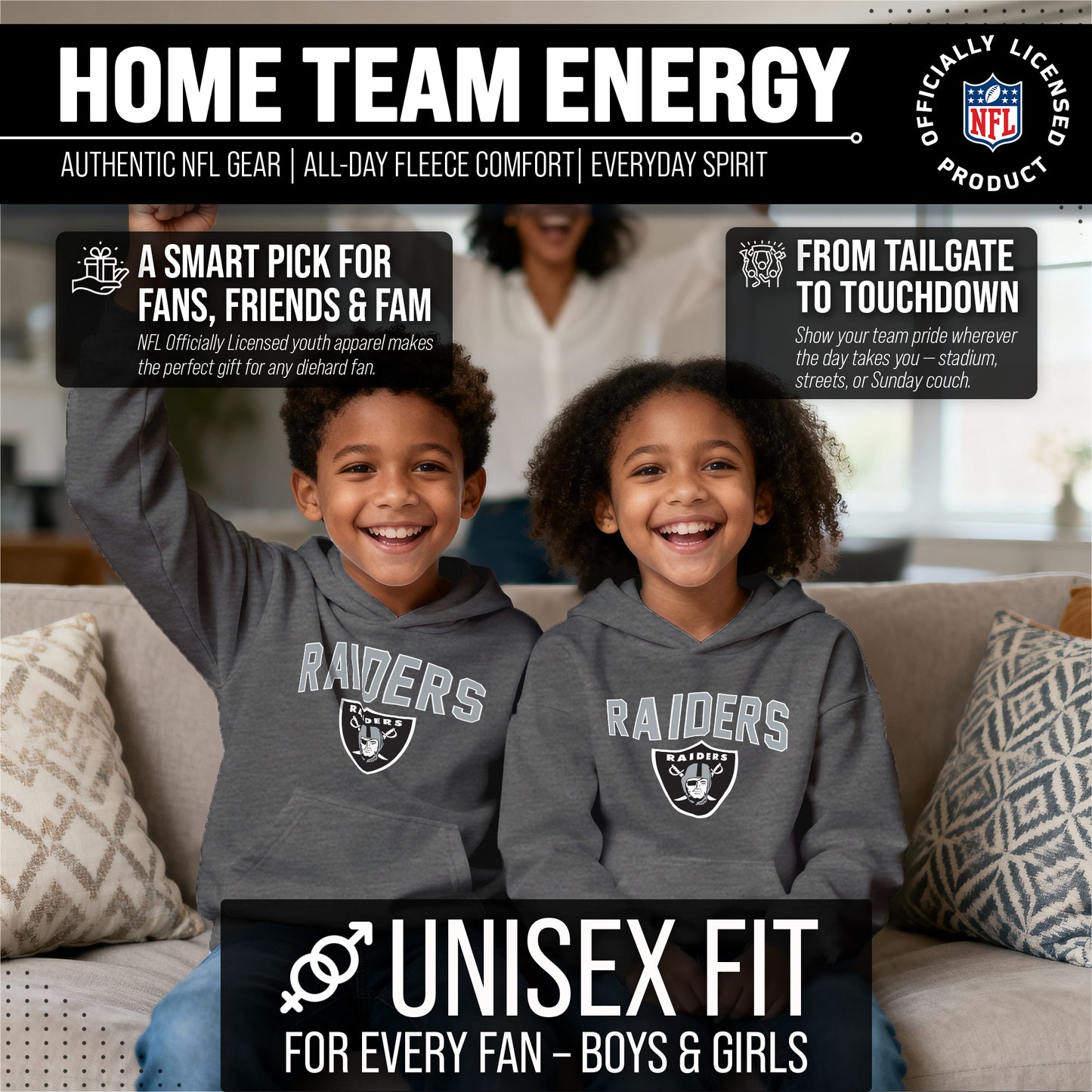 Las Vegas Raiders NFL Youth Home Team Hoodie- Kids Hooded Sweatshirt - Sport Gray