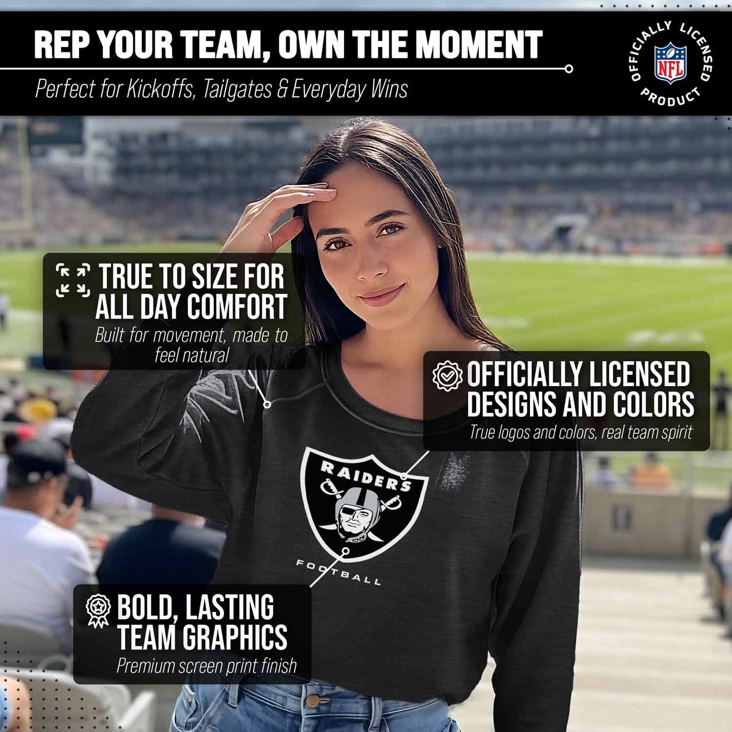 Las Vegas Raiders NFL Womens Ultimate Fan French Terry Slouchy Top- Raglan Sleeves - Charcoal