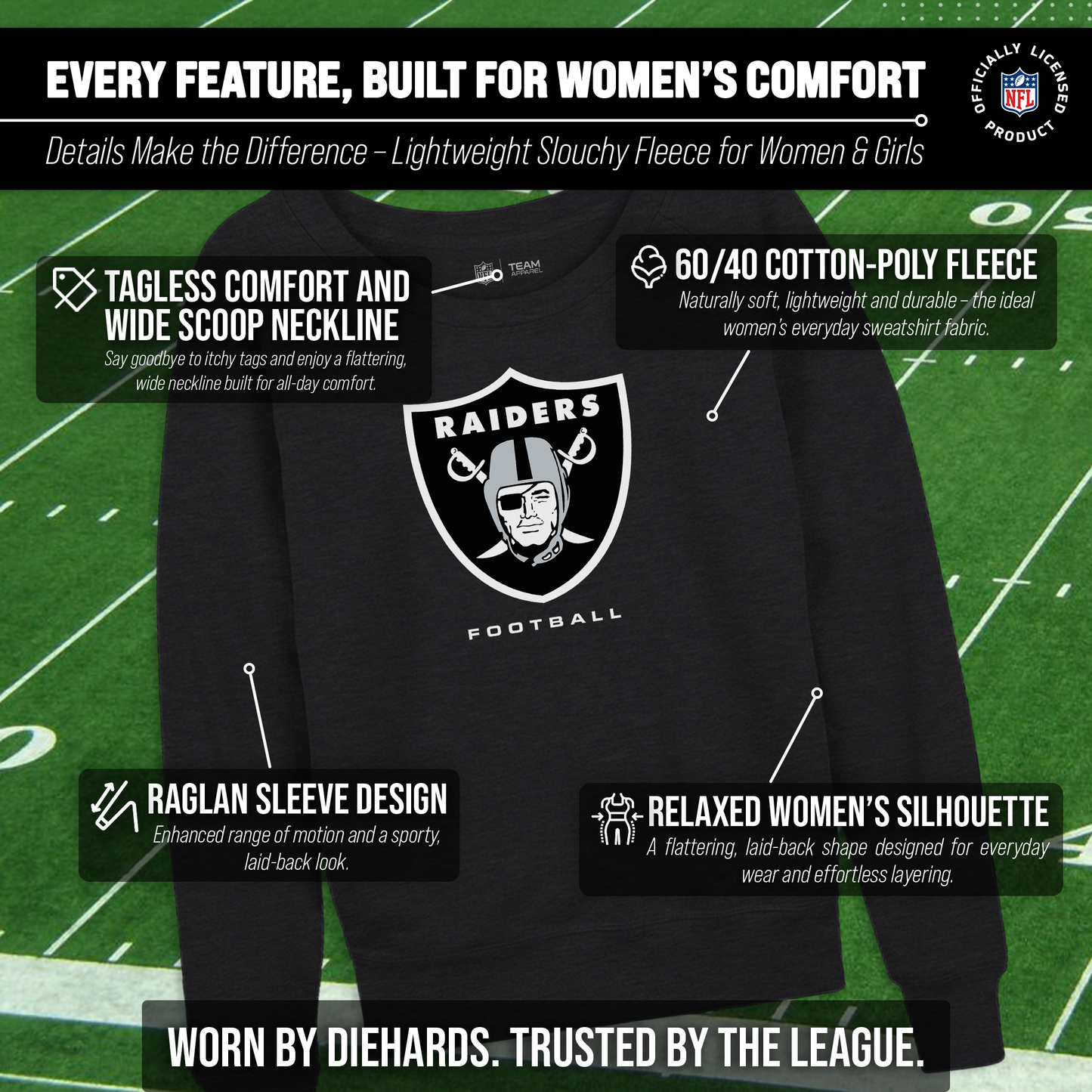 Las Vegas Raiders NFL Womens Ultimate Fan French Terry Slouchy Top- Raglan Sleeves - Charcoal