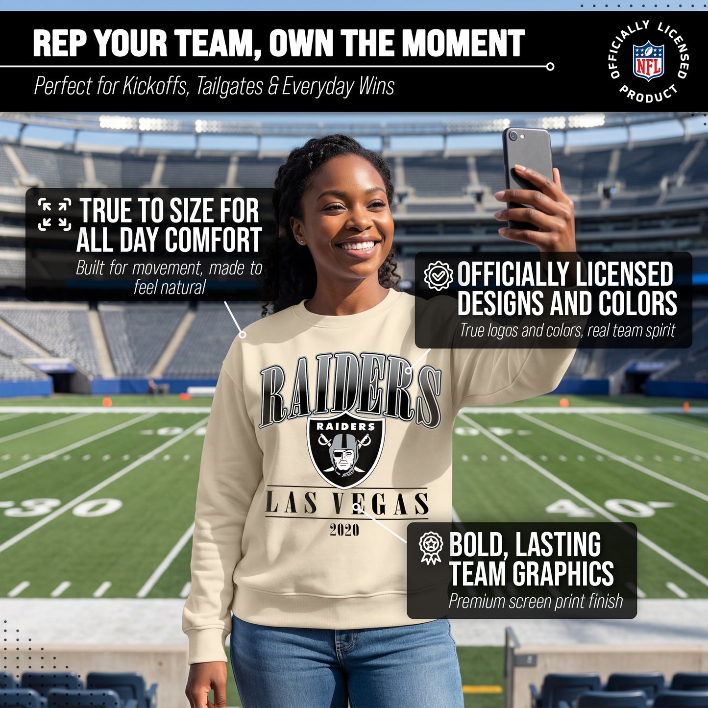 Las Vegas Raiders Womens NFL Starstruck Crewneck Pullover - Cream