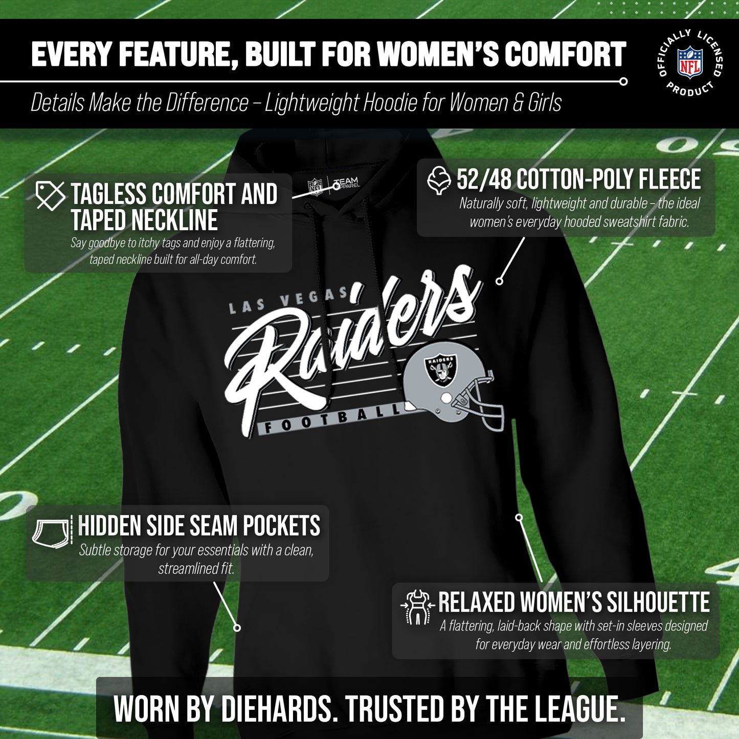 Las Vegas Raiders Ladies NFL Scrimmage Line Fleece Pullover Hooded Sweatshirt - Black