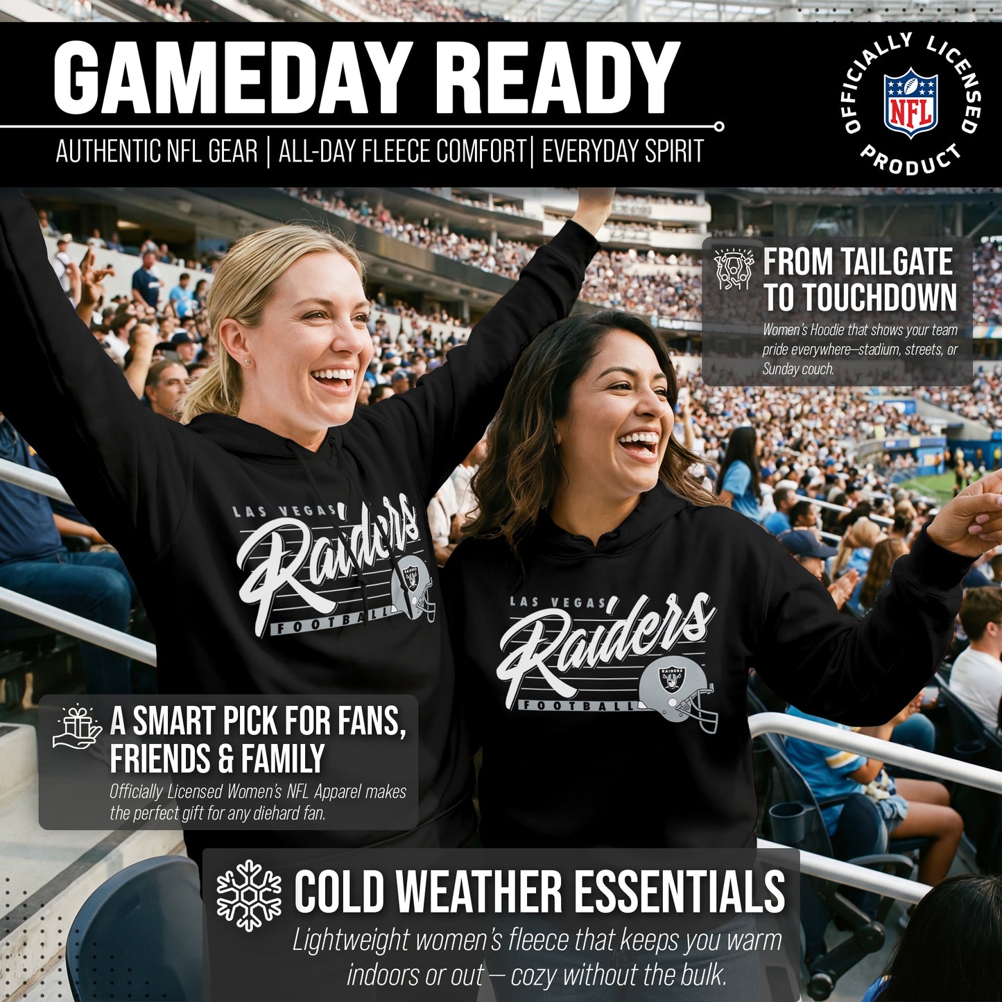 Las Vegas Raiders Ladies NFL Scrimmage Line Fleece Pullover Hooded Sweatshirt - Black