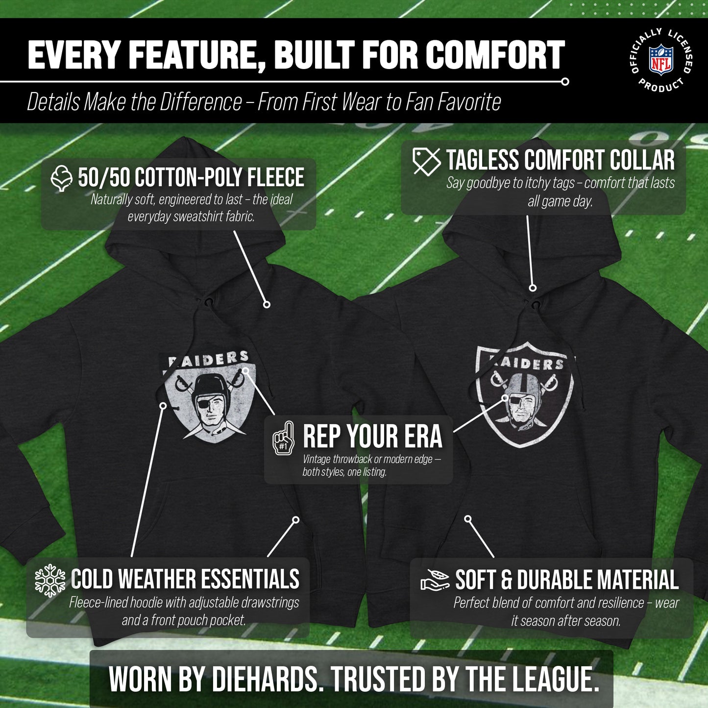 Las Vegas Raiders NFL Adult Unisex Modern Throwback Ultra Soft Fleece Hooded Sweatshirt - Black