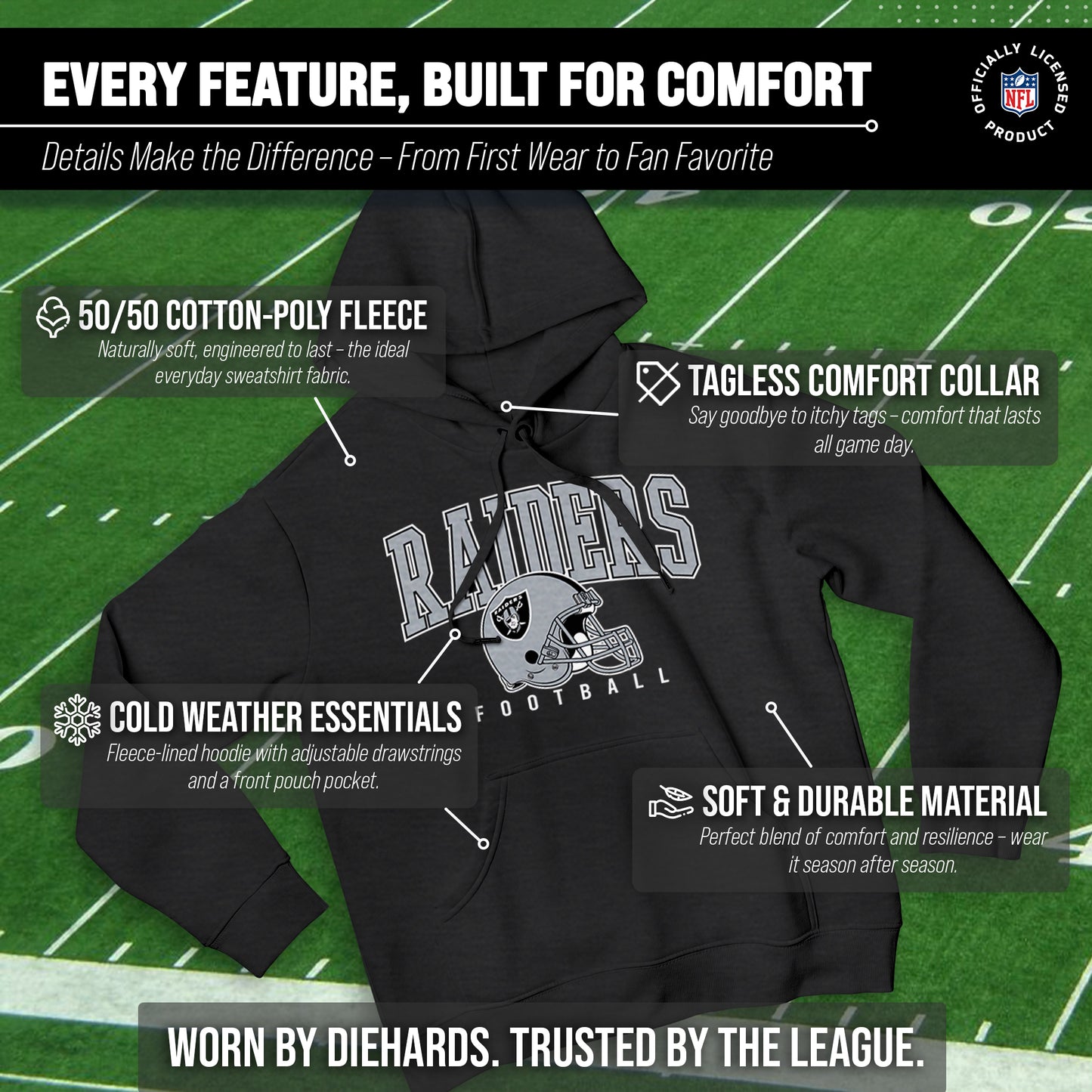 Las Vegas Raiders NFL Adult Unisex All Star Soft Fleece Hooded Sweatshirt - Black Heather