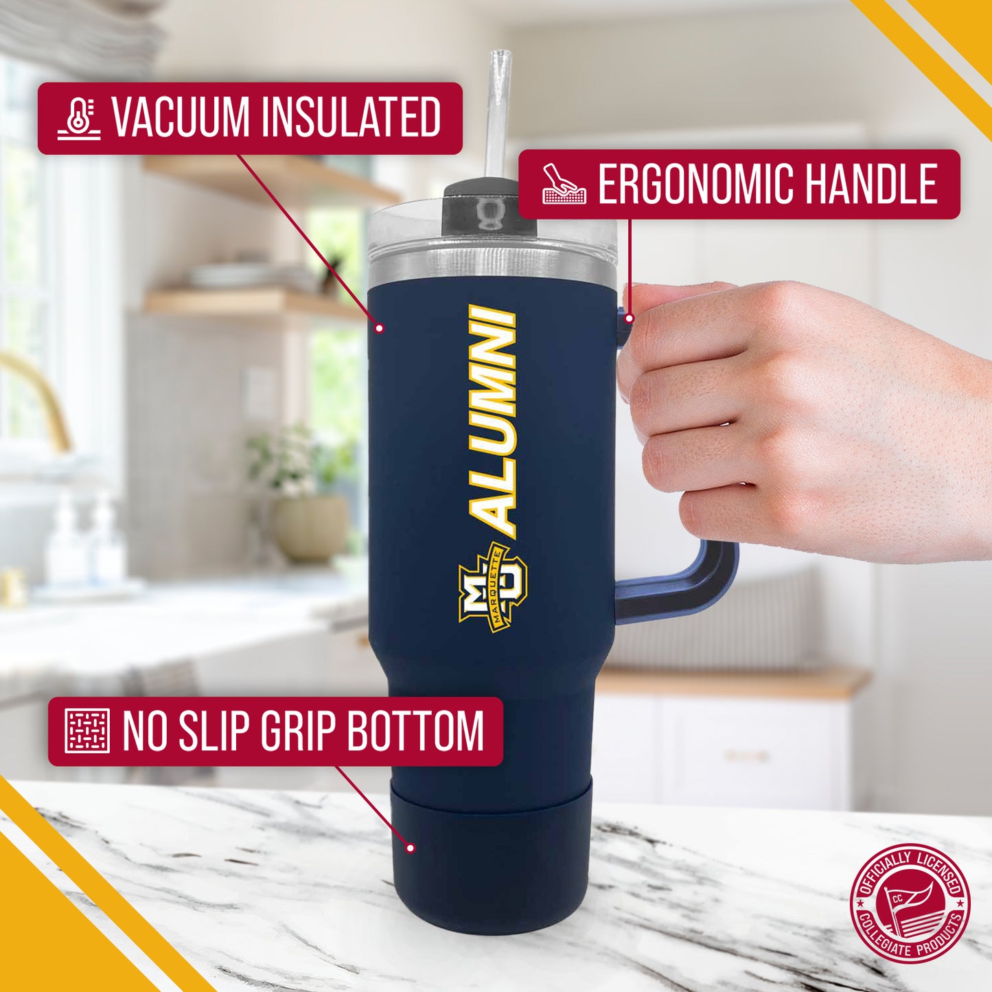 Marquette Golden Eagles Collegiate 40oz Stainless Steel Travel Tumbler with Handle for Alumni - Navy