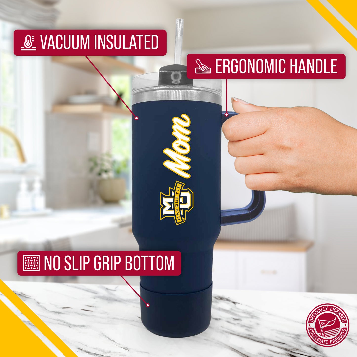 Marquette Golden Eagles Collegiate 40oz Stainless Steel Travel Tumbler with Handle for Mom - Navy