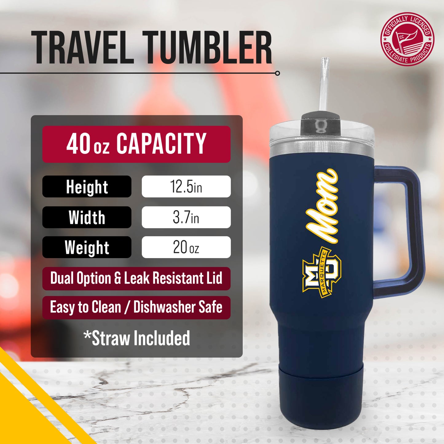 Marquette Golden Eagles Collegiate 40oz Stainless Steel Travel Tumbler with Handle for Mom - Navy
