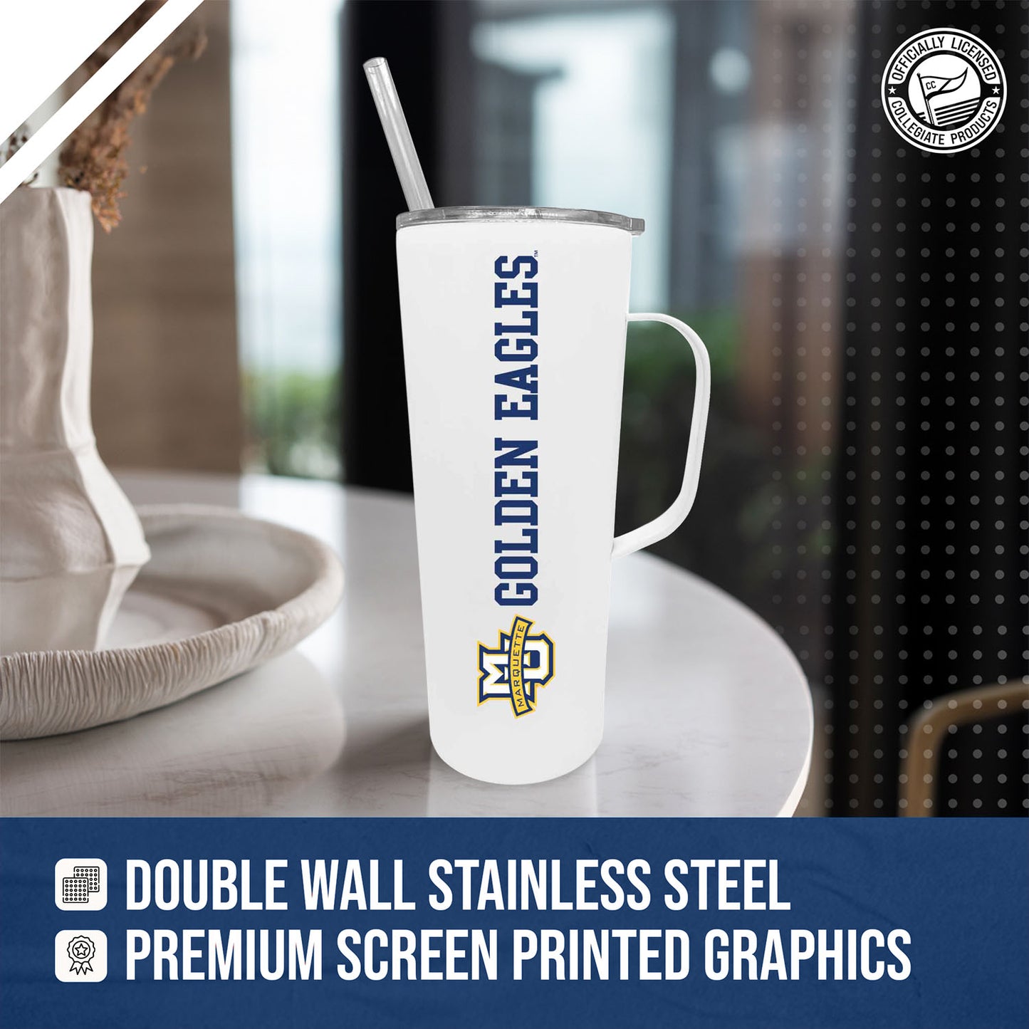 Marquette Golden Eagles NCAA Stainless Steel 20oz Roadie With Handle & Dual Option Lid With Straw - White