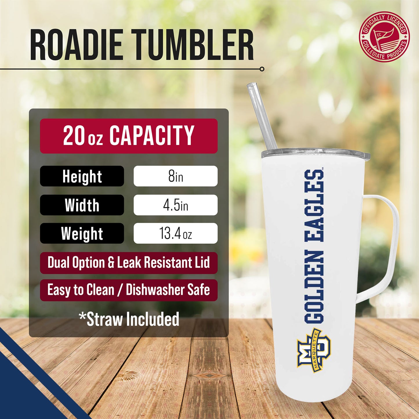 Marquette Golden Eagles NCAA Stainless Steel 20oz Roadie With Handle & Dual Option Lid With Straw - White