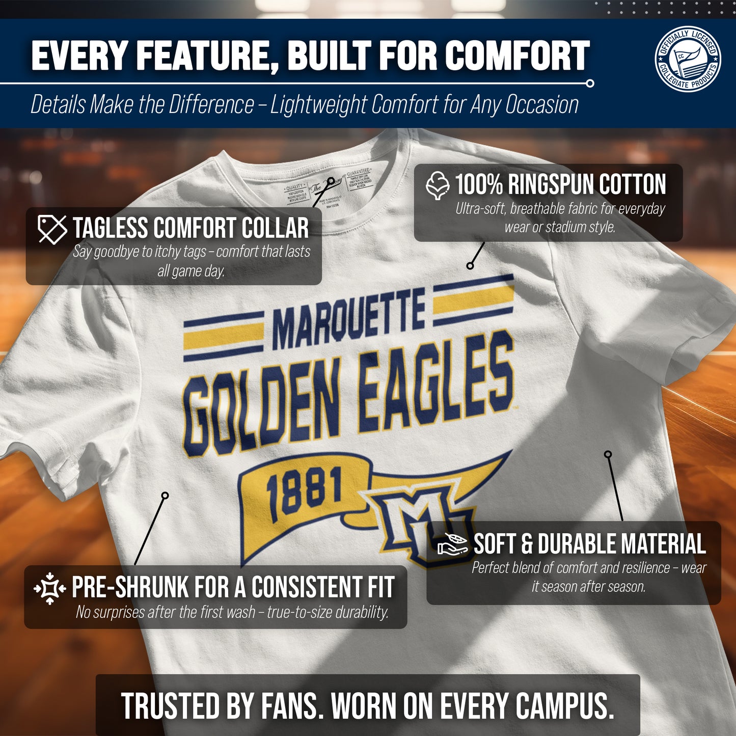 Marquette Golden Eagles NCAA Adult Unisex Varsity Club Pennant T-Shirt Tag-Less - Off White