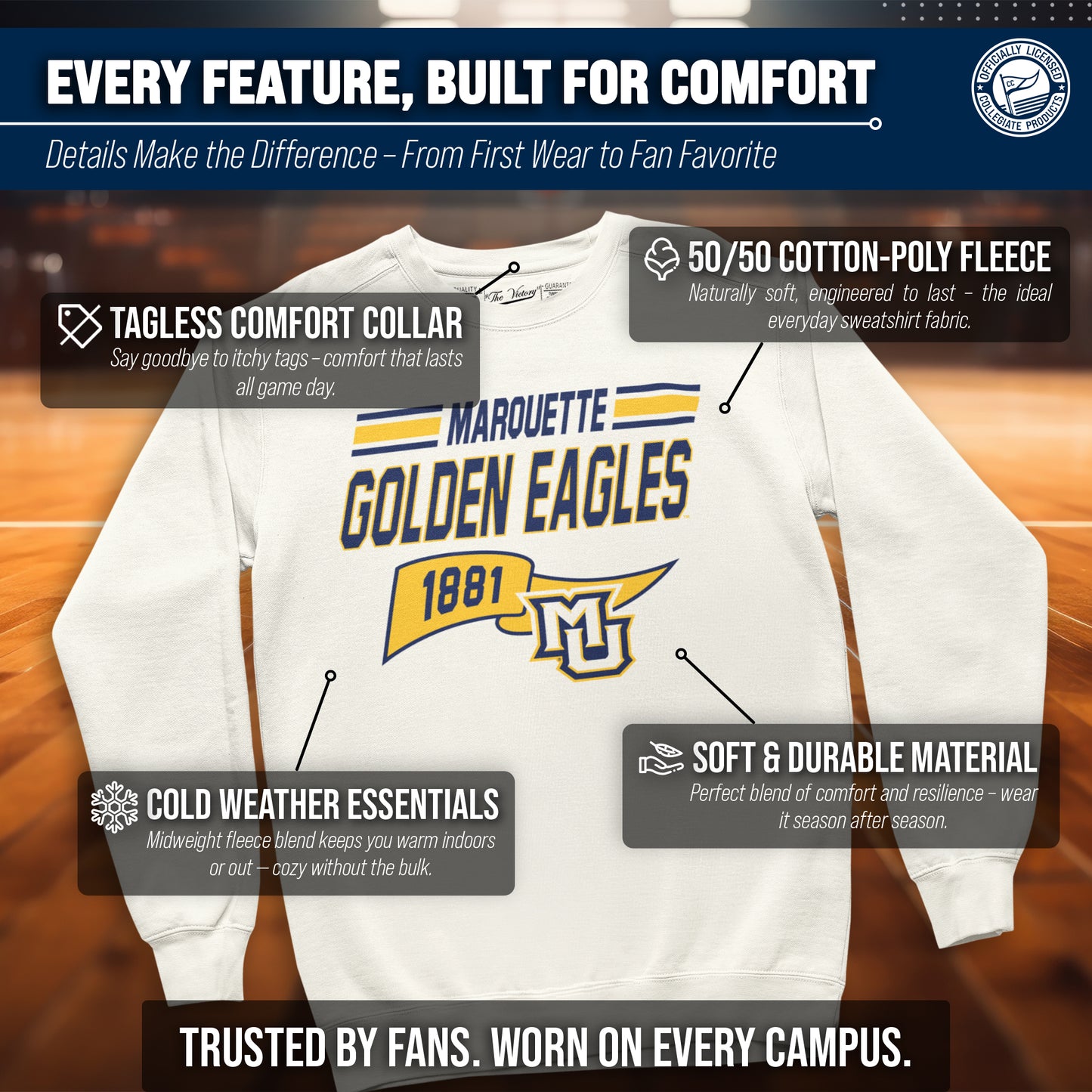 Marquette Golden Eagles NCAA Adult Unisex Varsity Club Pennant Crewneck Fleece Sweatshirt - Off White