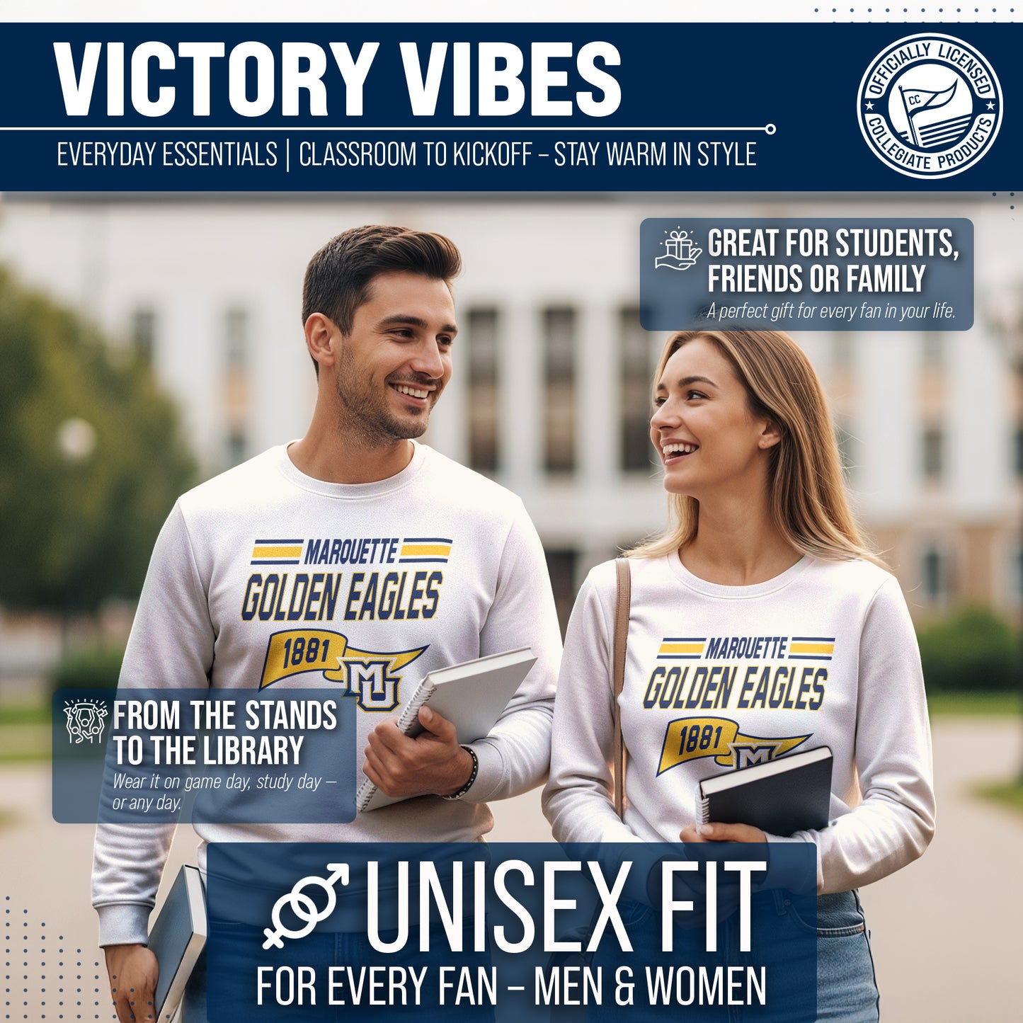 Marquette Golden Eagles NCAA Adult Unisex Varsity Club Pennant Crewneck Fleece Sweatshirt - Off White