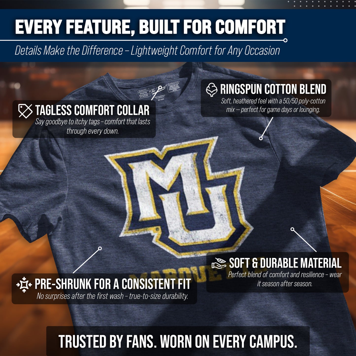 Marquette Golden Eagles Adult MVP Heathered Cotton Blend T-Shirt - Navy
