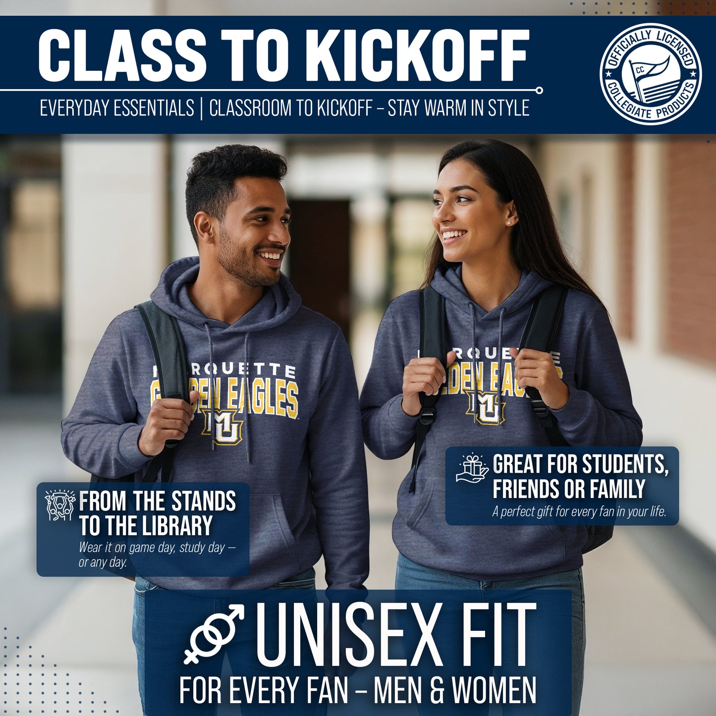 Marquette Golden Eagles NCAA Adult Unisex Starting Fresh Heathered Hooded Fleece Sweatshirt - Navy Heather