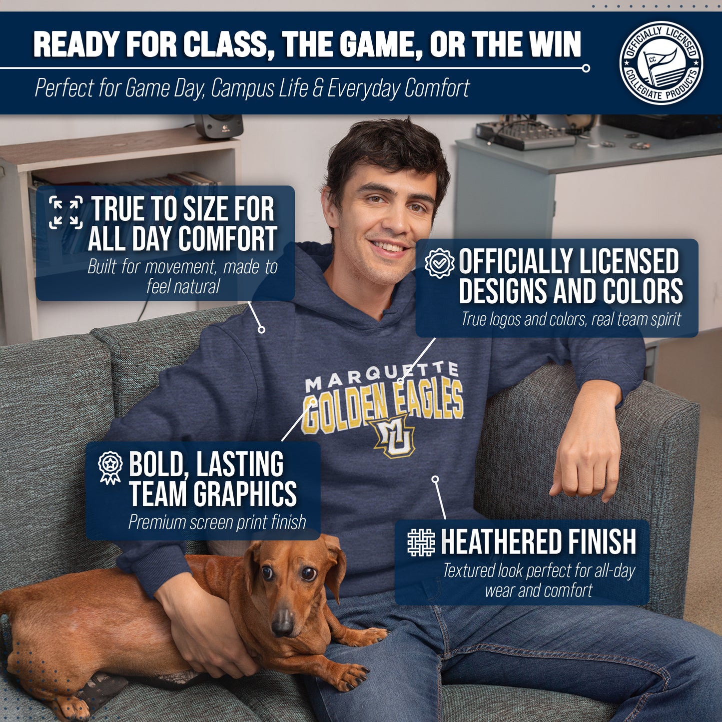 Marquette Golden Eagles NCAA Adult Unisex Starting Fresh Heathered Hooded Fleece Sweatshirt - Navy Heather