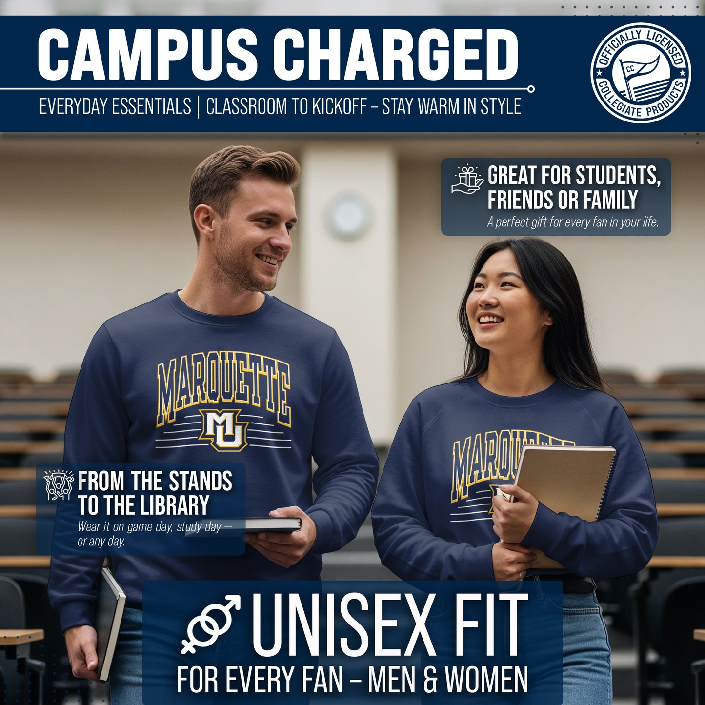 Marquette Golden Eagles NCAA Adult Unisex Overtime Classics Crewneck Fleece Sweatshirt - Navy