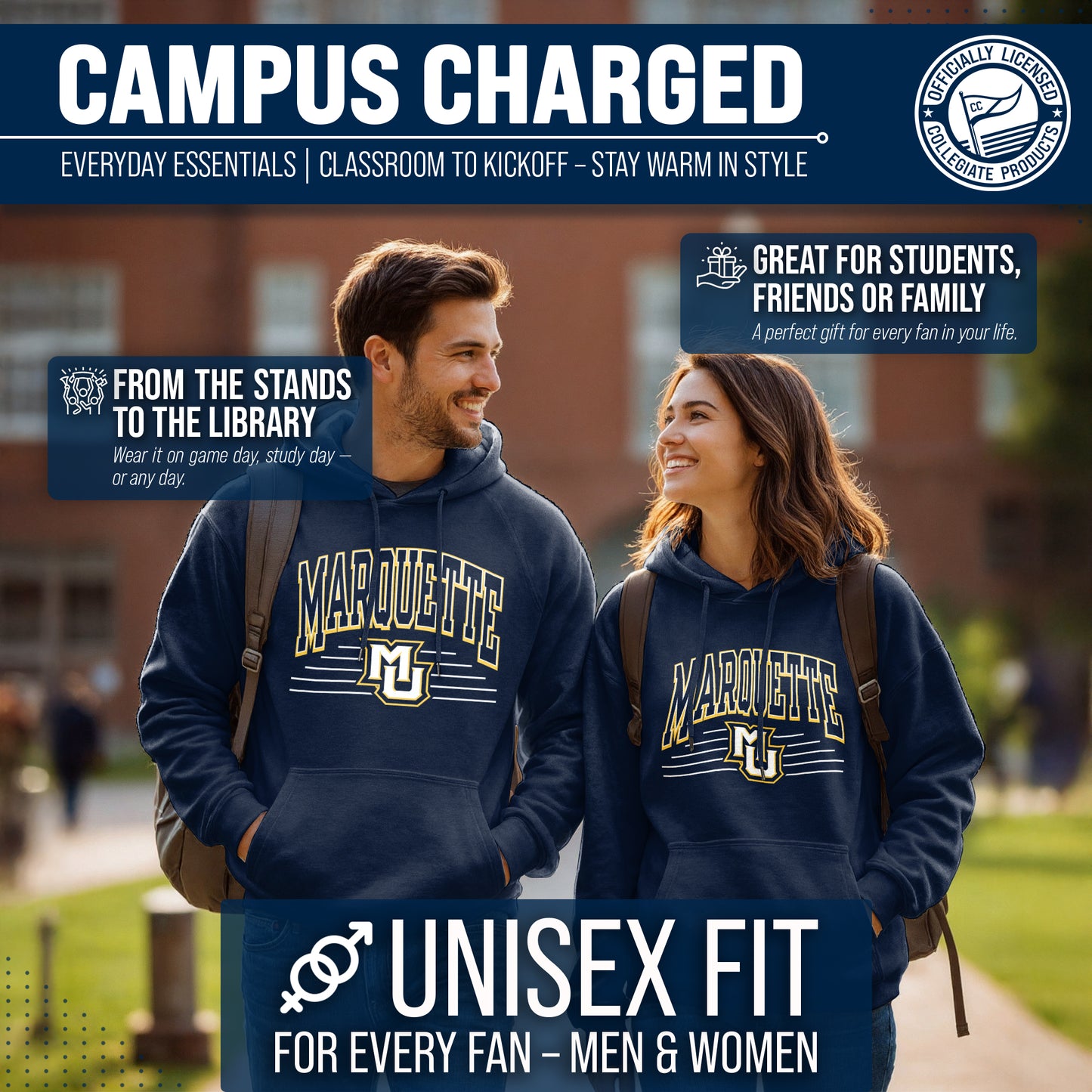 Marquette Golden Eagles NCAA Adult Unisex Overtime Classics Hooded Fleece Sweatshirt - Navy