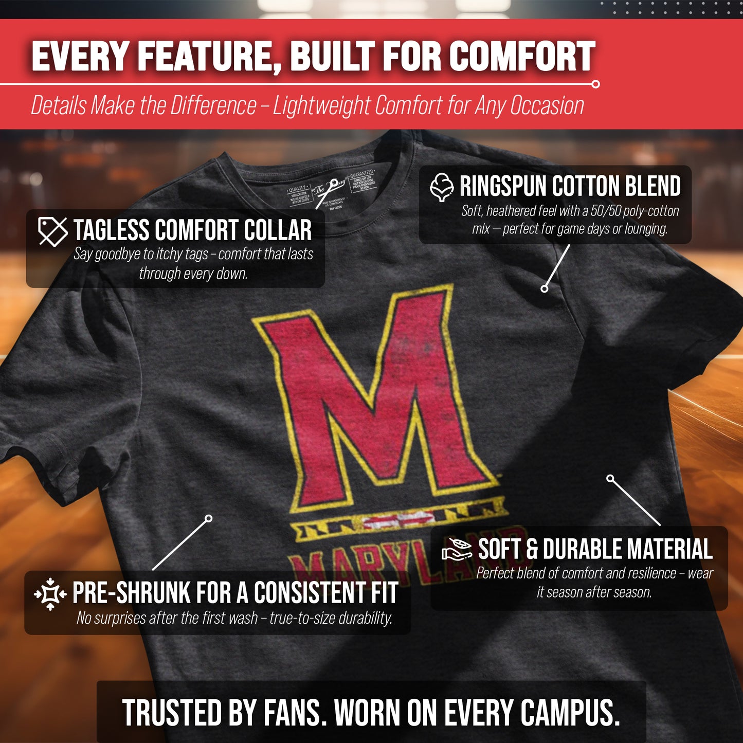 Maryland Terrapins Adult MVP Heathered Cotton Blend T-Shirt - Black