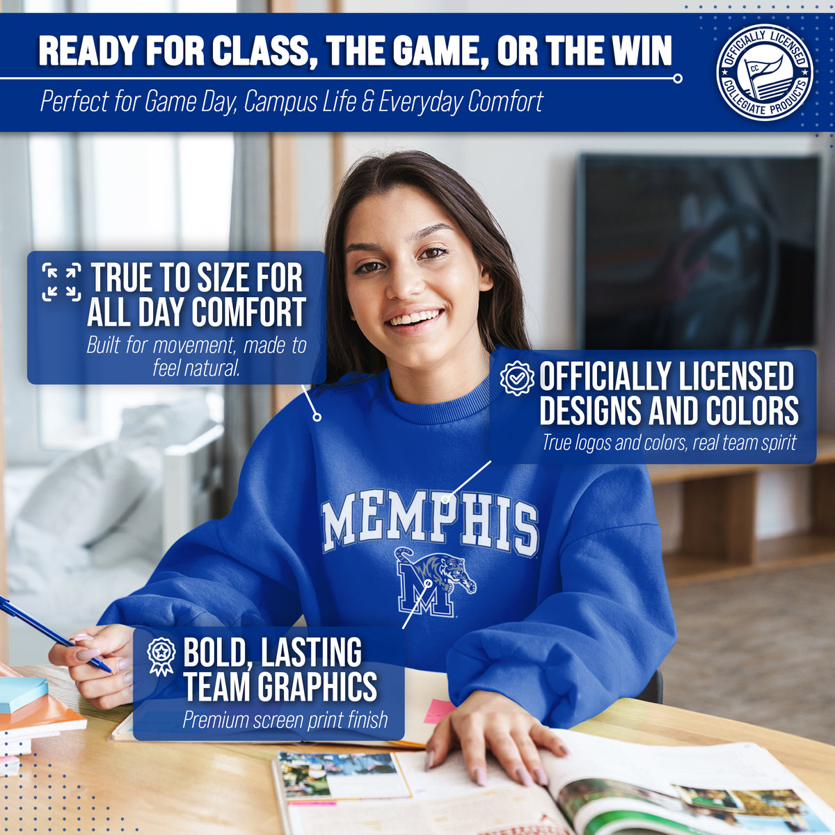 Memphis Tigers Adult Arch & Logo Soft Style Gameday Crewneck Sweatshirt - Royal