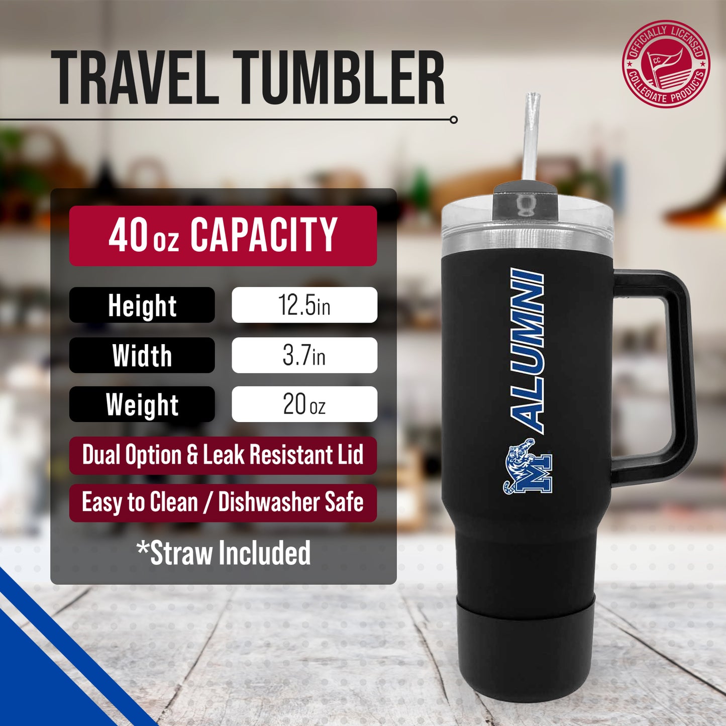 Memphis  Tigers Collegiate 40oz Stainless Steel Travel Tumbler with Handle for Alumni - Black