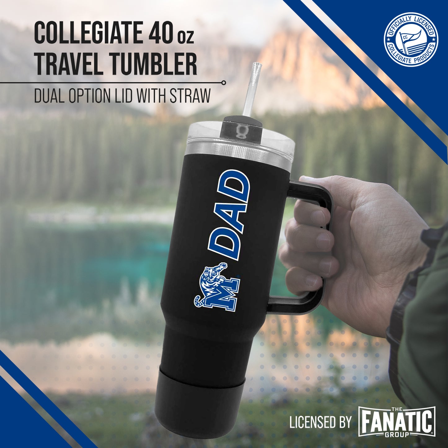 Memphis  Tigers Collegiate 40oz Stainless Steel Travel Tumbler with Handle for Dad - Black