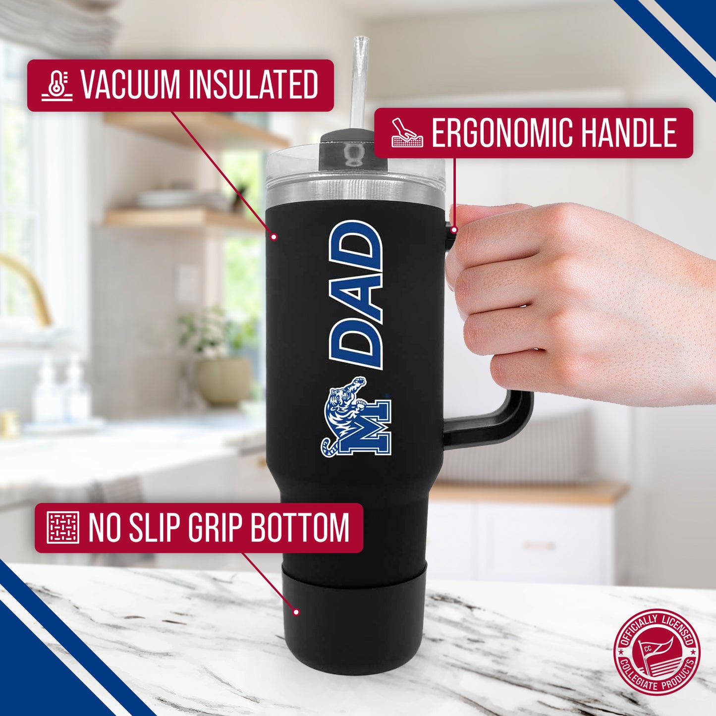 Memphis  Tigers Collegiate 40oz Stainless Steel Travel Tumbler with Handle for Dad - Black