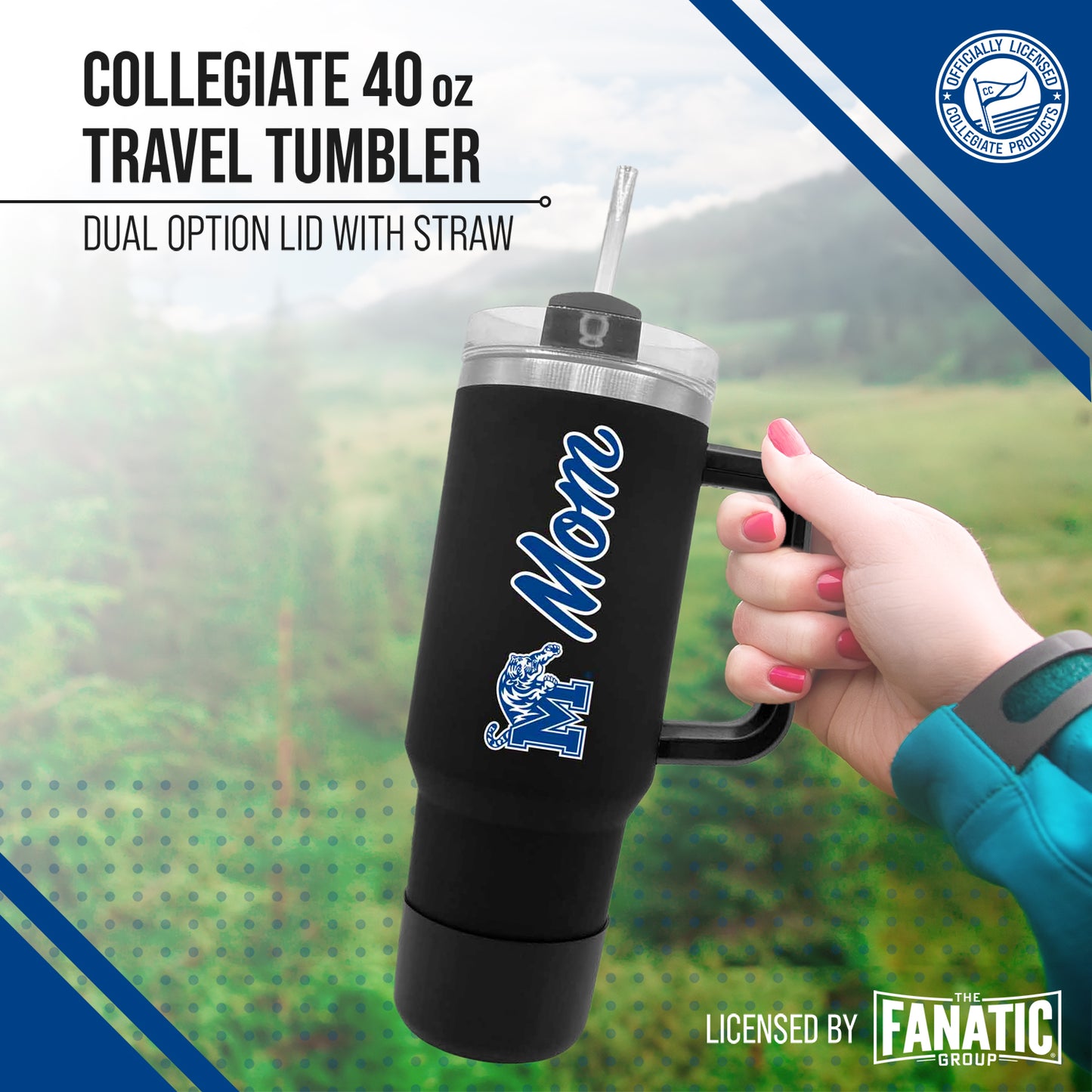 Memphis  Tigers Collegiate 40oz Stainless Steel Travel Tumbler with Handle for Mom - Black