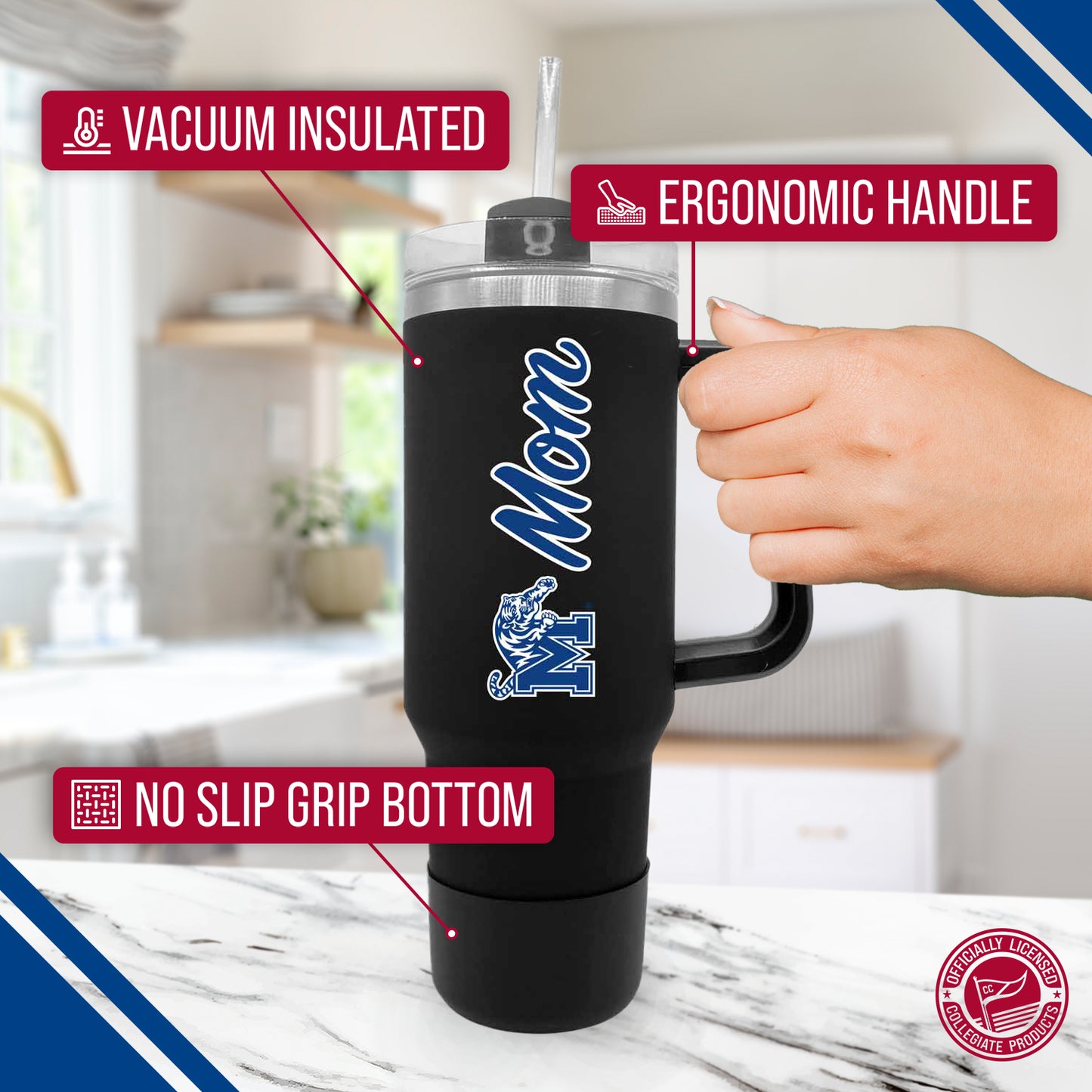 Memphis  Tigers Collegiate 40oz Stainless Steel Travel Tumbler with Handle for Mom - Black